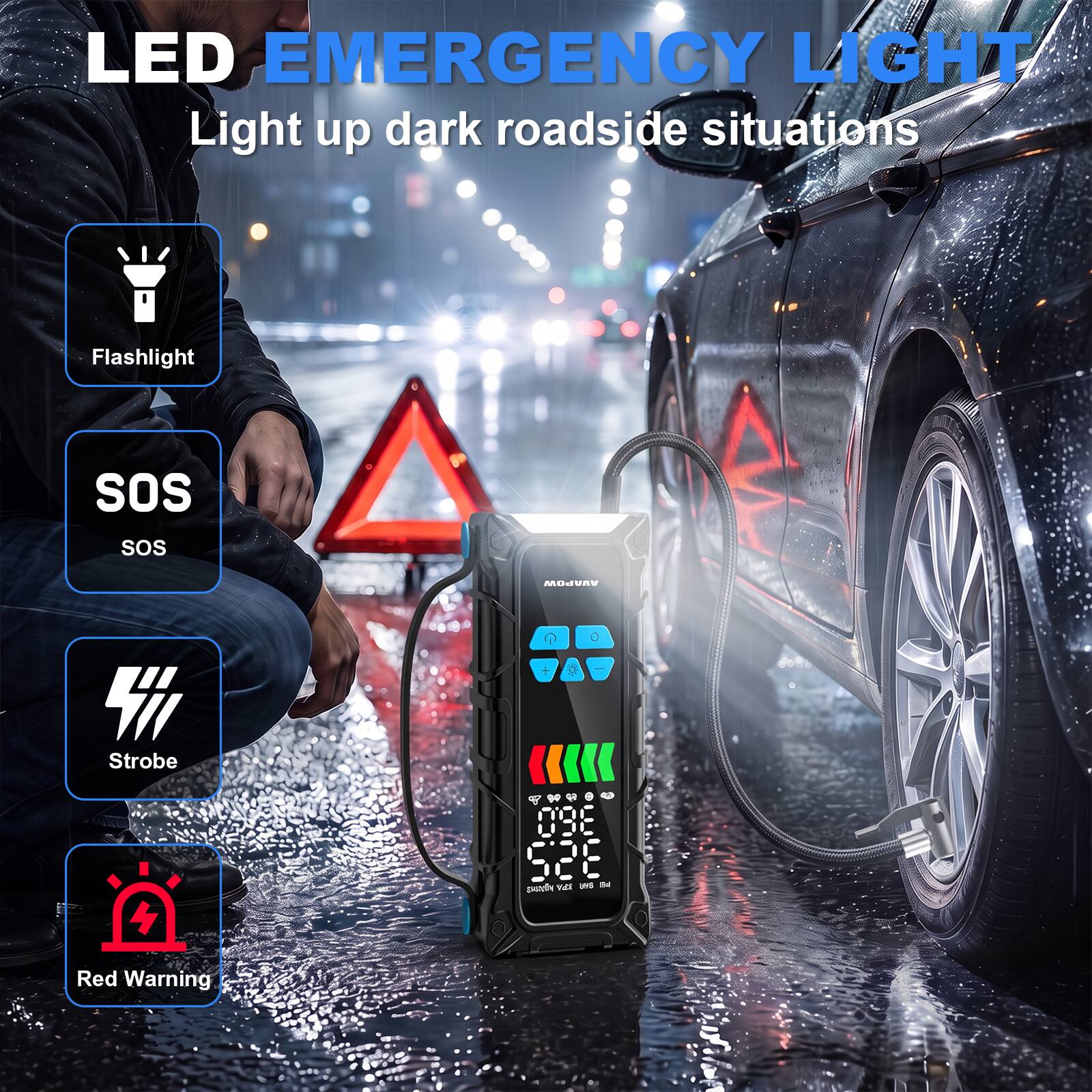 LED EMERGENCY LIGHT  
Light up dark roadside situations

- Flashlight
- SOS SOS
- Strobe
- Red Warning