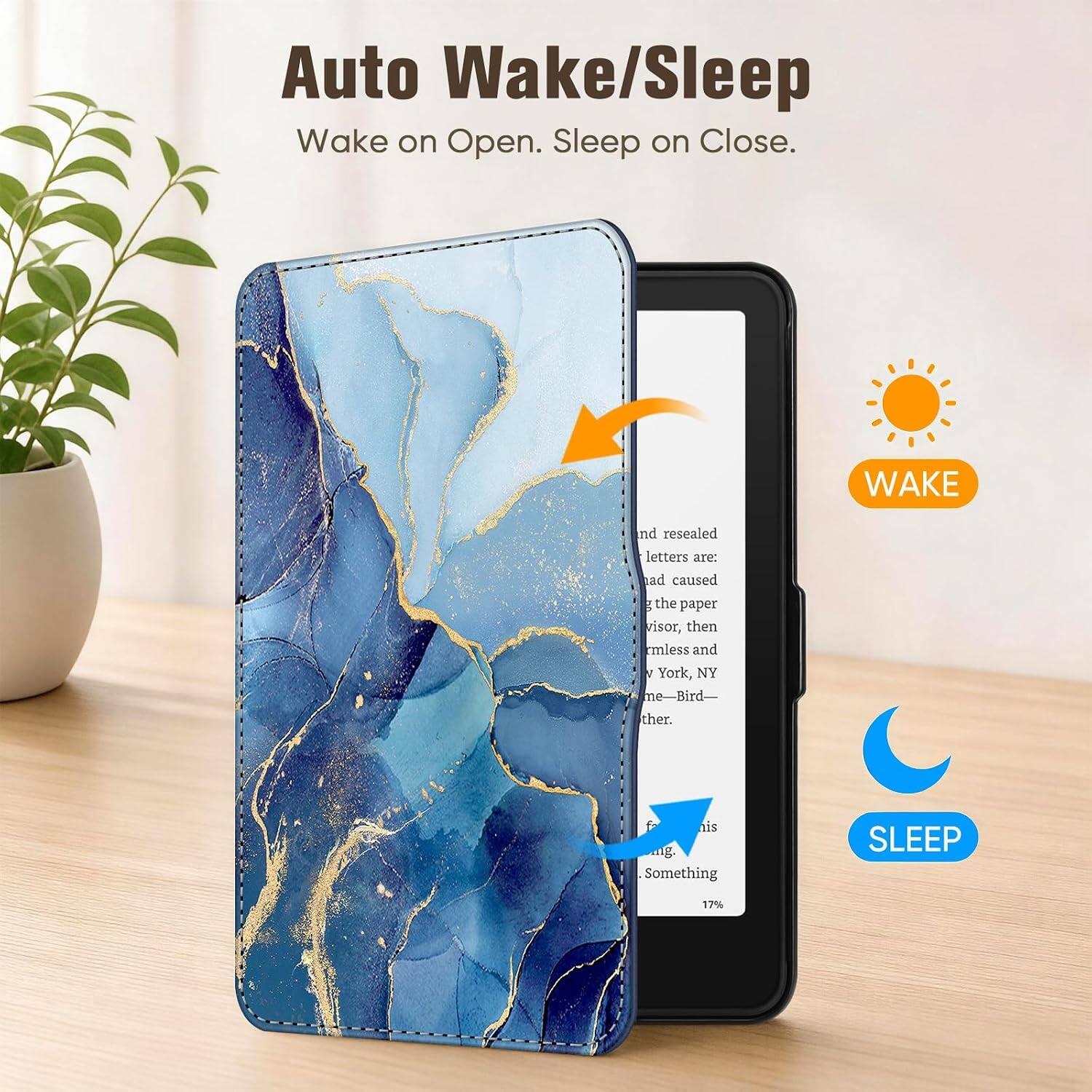 Auto Wake/Sleep  
Wake on Open. Sleep on Close.  

WAKE  
nd resealed letters are: ad caused g the paper visor, then rmless and V York, NY me-Bird- ther.  
is ng. Something  

SLEEP  
17%