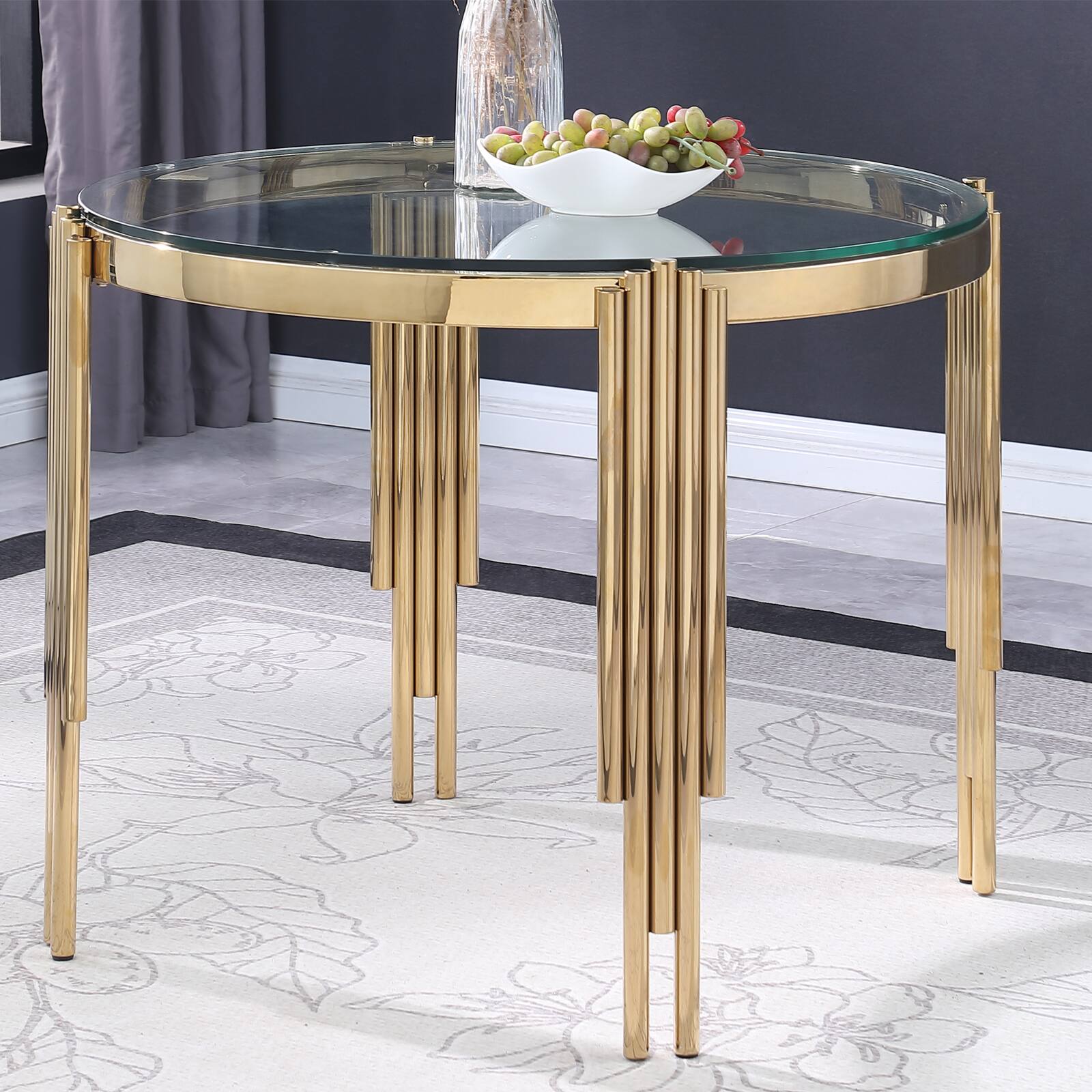 Alt View 1. TinyHomie - 386 Round Glass Dining Table Tempered Glass Top Polished Gold Legs - Brown.