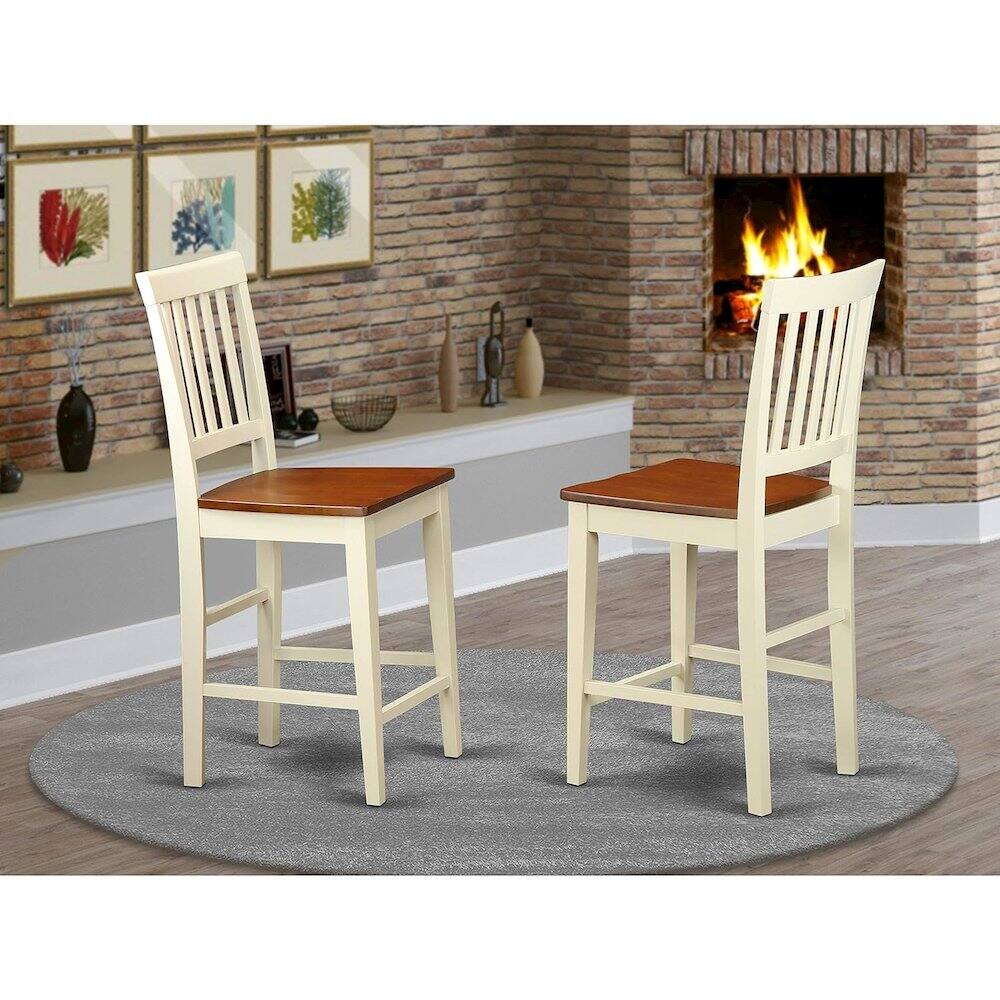 Angle. East West Furniture - Vernon Counter Height Stools with Wood Seat - Buttermilk & Cherry Finish. - Buttermilk & Cherry.
