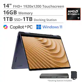 Dell - Plus - Copilot+ PC - 14" 2K 2-in-1 Touchscreen Laptop - AMD Ryzen AI 7 350 2025 - 16GB Memory - 1TB Storage - Midnight Blue