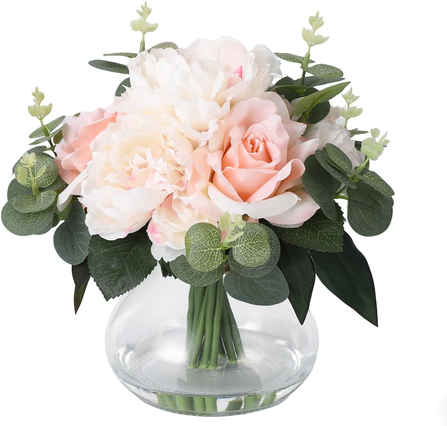 Homhougo- Lifelike Roses & Peonies in Glass Vase with Faux Water for Arrangements,for Home Table Office Wedding Party Decor- Pink