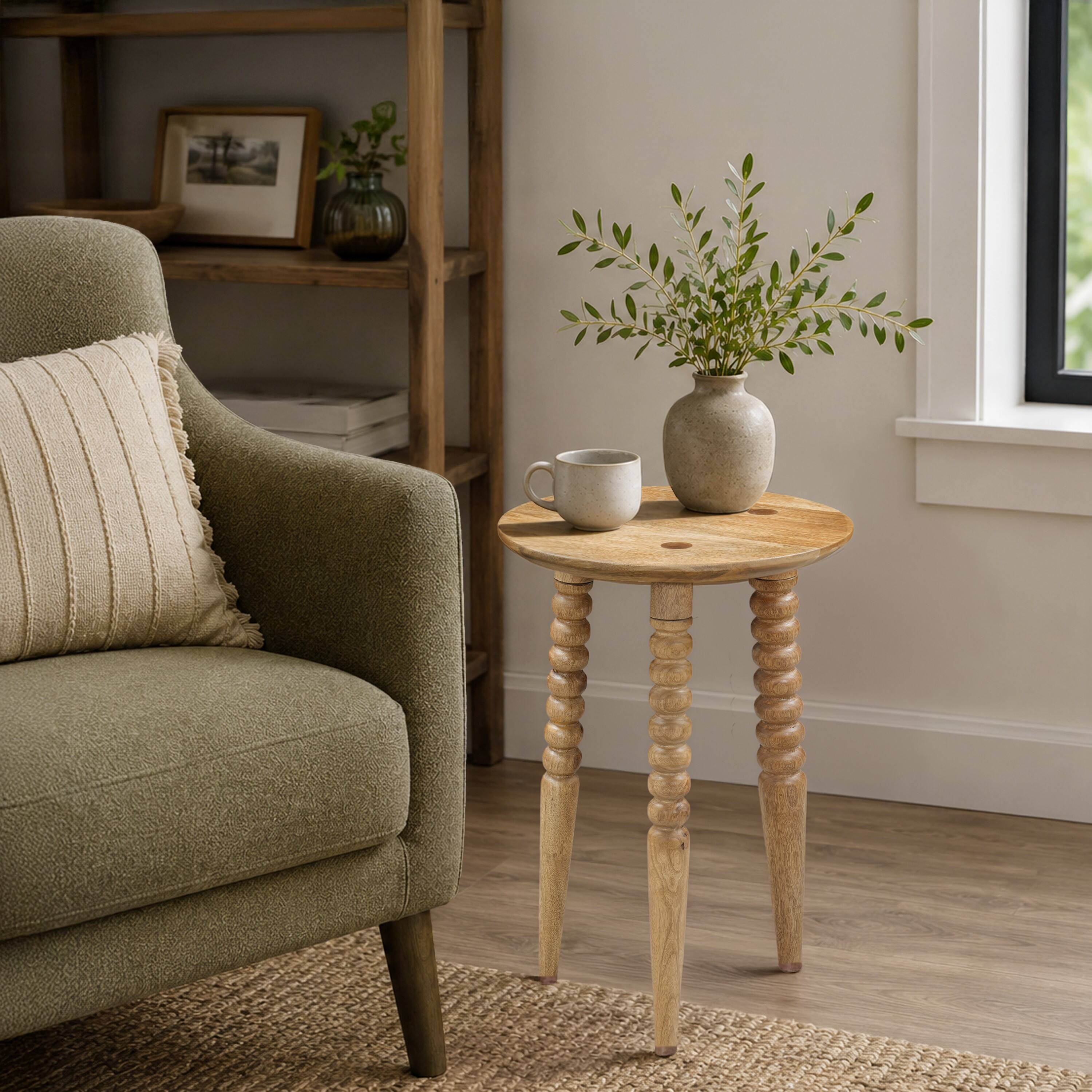 Alt View 8. Manhattan Lane - Geya Round Side Table, Tripod Spindle Legs, Natural Brown Mango Wood, 24 Inch High - Natural Brown.