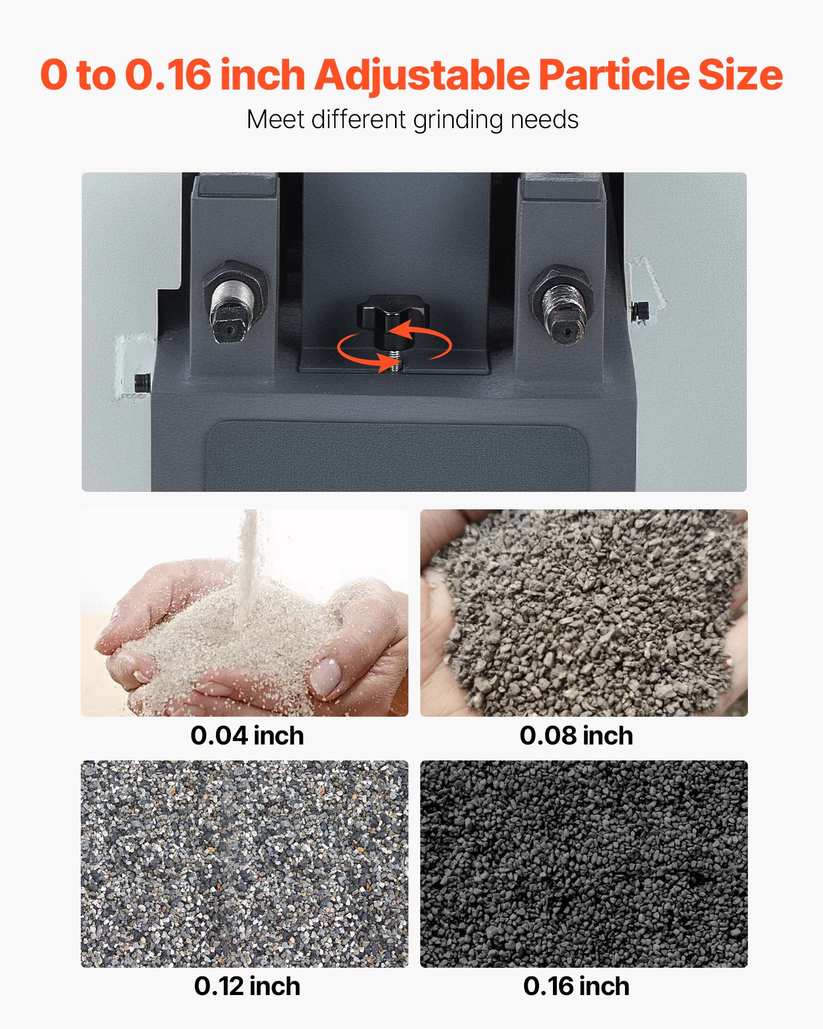 0 to 0.16 inch Adjustable Particle Size  
Meet different grinding needs  

0.04 inch  
0.08 inch  
0.12 inch  
0.16 inch