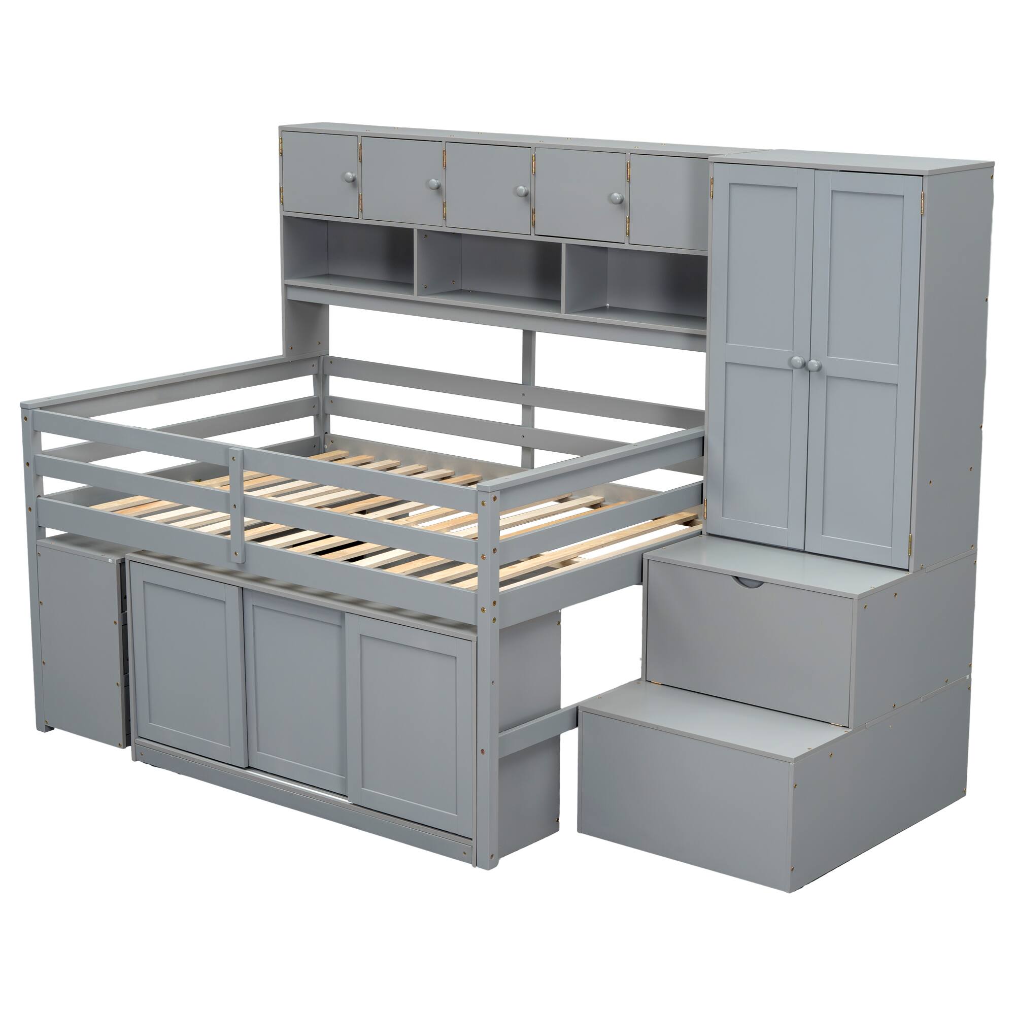 Alt View 2. Tiramisubest - Full Size Gray Wooden Loft Bed with Storage, Desk, Drawers & Shelves - Gray.
