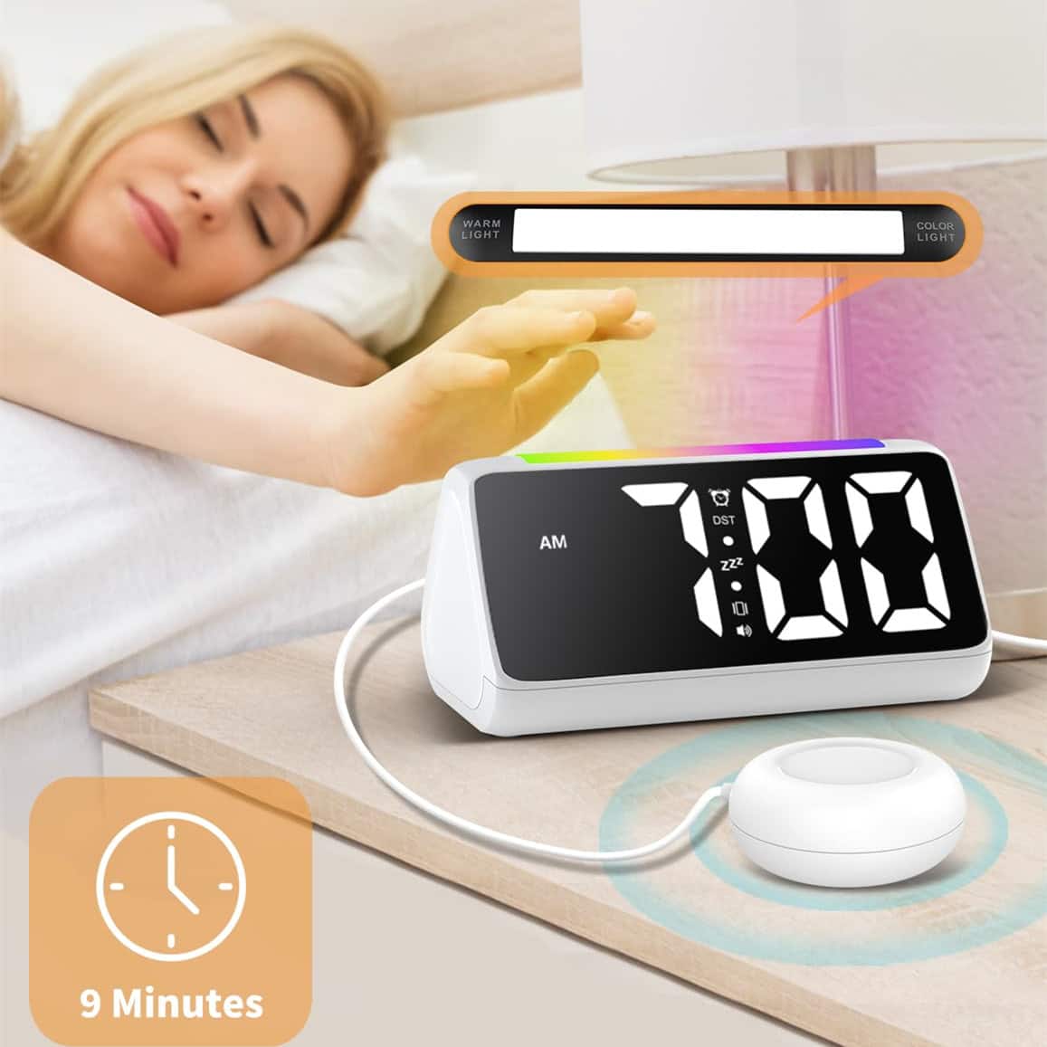 Dazzed Corner Alarm Clock with Bed Shaker, Loud Alarm, RGB Display