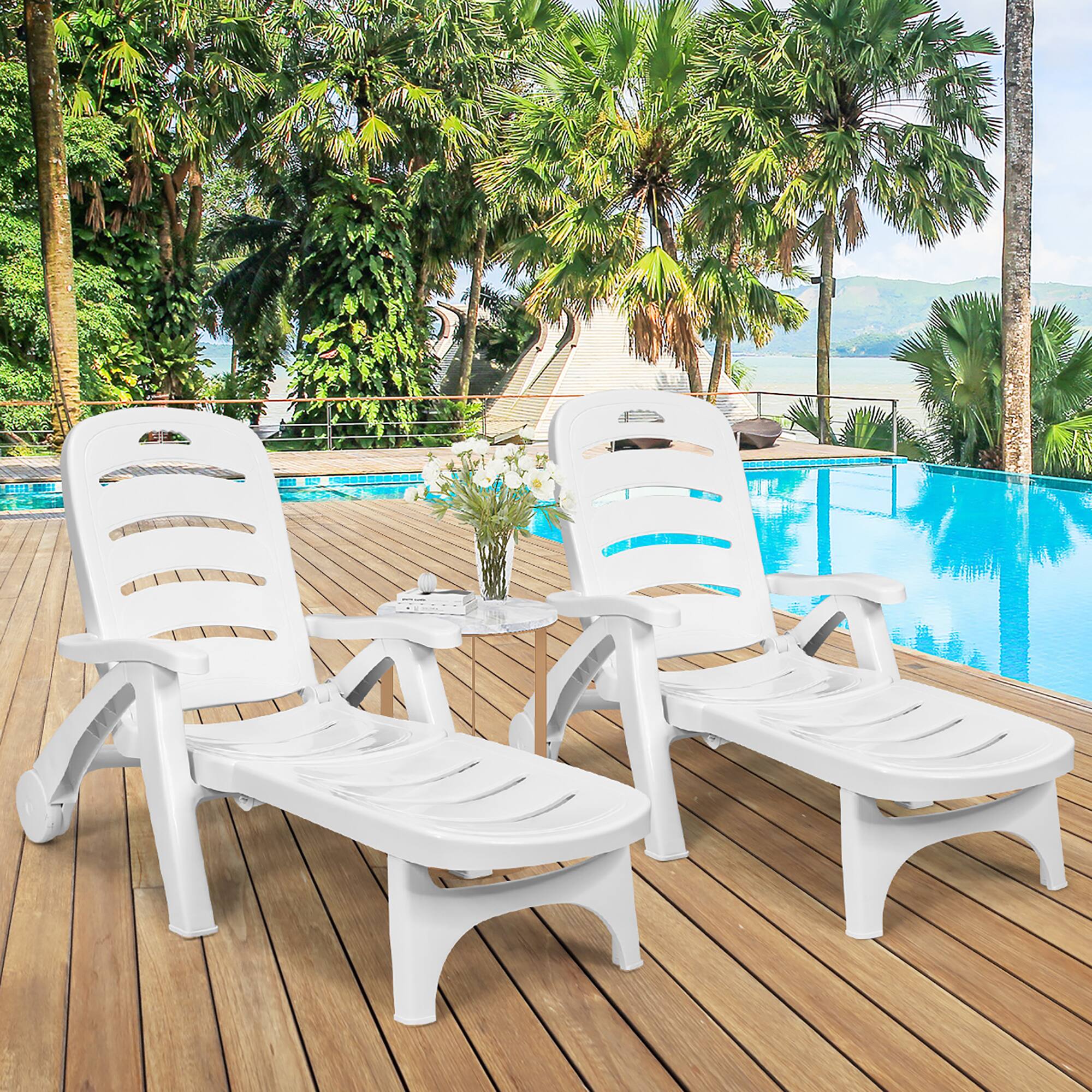Alt View 1. Costway - Costway 2 PCS Folding Chaise Lounge Chair 5-Position Adjustable Recliner - White.