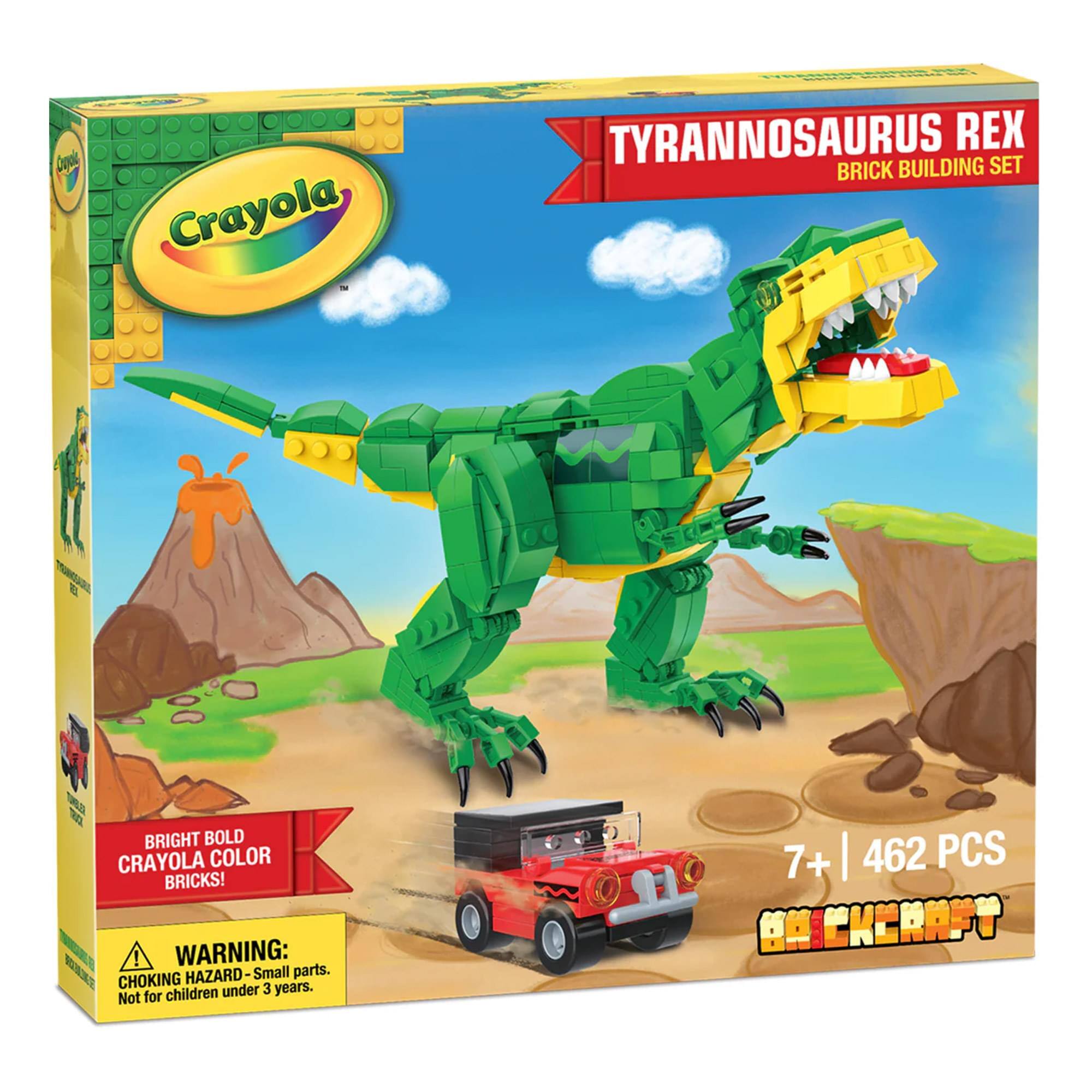 Crayola | TYRANNOSAURUS REX BRICK BUILDING SET  
BRIGHT BOLD CRAYOLA COLOR BRICKS!  
WARNING: CHOKING HAZARD - Small parts. Not for children under 3 years.  
7+ | 462 PCS