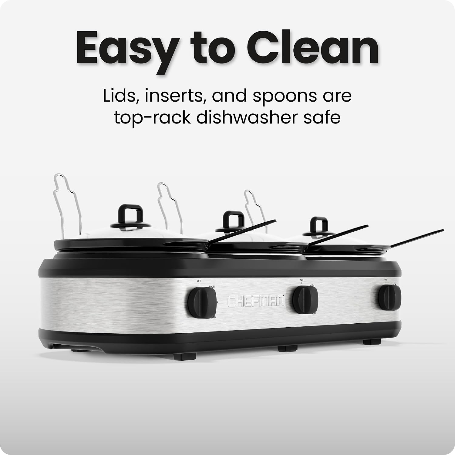 Easy to Clean

Lids, inserts, and spoons are top-rack dishwasher safe

CHEFMAN