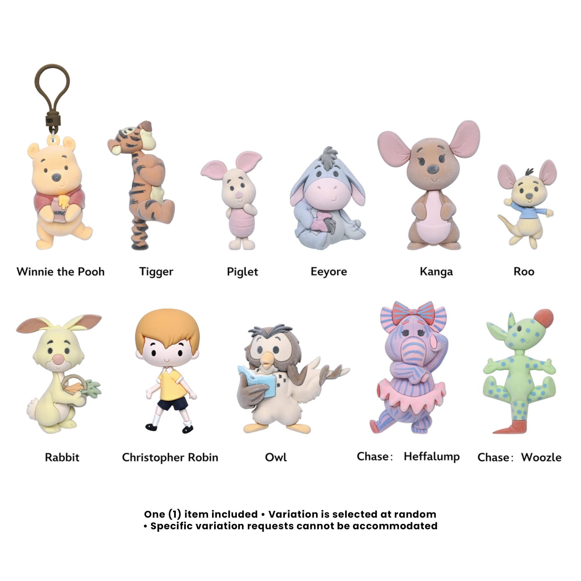 Winnie the Pooh  
Tigger  
Piglet  
Eeyore  
Kanga  
Roo  
Rabbit  
Christopher Robin  
Owl  
Chase: Heffalump  
Chase: Woozle  

One (1) item included  
Variation is selected at random  
Specific variation requests cannot be accommodated