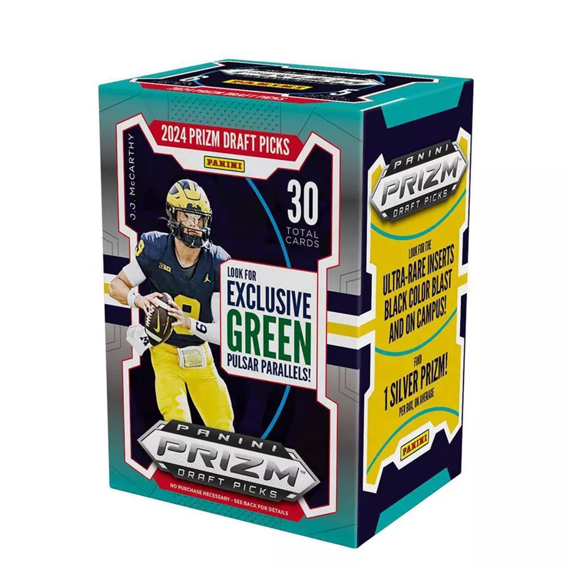 2024 PRIZM DRAFT PICKS  
PANINI  
30 TOTAL CARDS  

LOOK FOR  
EXCLUSIVE GREEN PULSAR PARALLELS!  

ULTRA-RARE INSERTS  
BLACK COLOR BLAST AND ON CAMPUS!  

1 SILVER PRIZM!  

NO PURCHASE NECESSARY. SEE BACK FOR DETAILS.