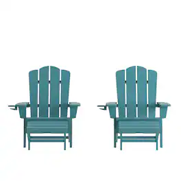 Emma + Oliver - Tiverton Set of 2 Adirondack Chairs with Cup Holders and Pull Out Ottoman, All-Weather HDPE Indoor/Outdoor Lounge Chairs - Blue