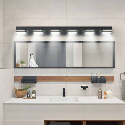 Angle. LUCKY ONE - 6-Light LED Vanity Light, Wall Mount Sconce for Bathroom Mirror, Sleek Minimalist Design - Black.