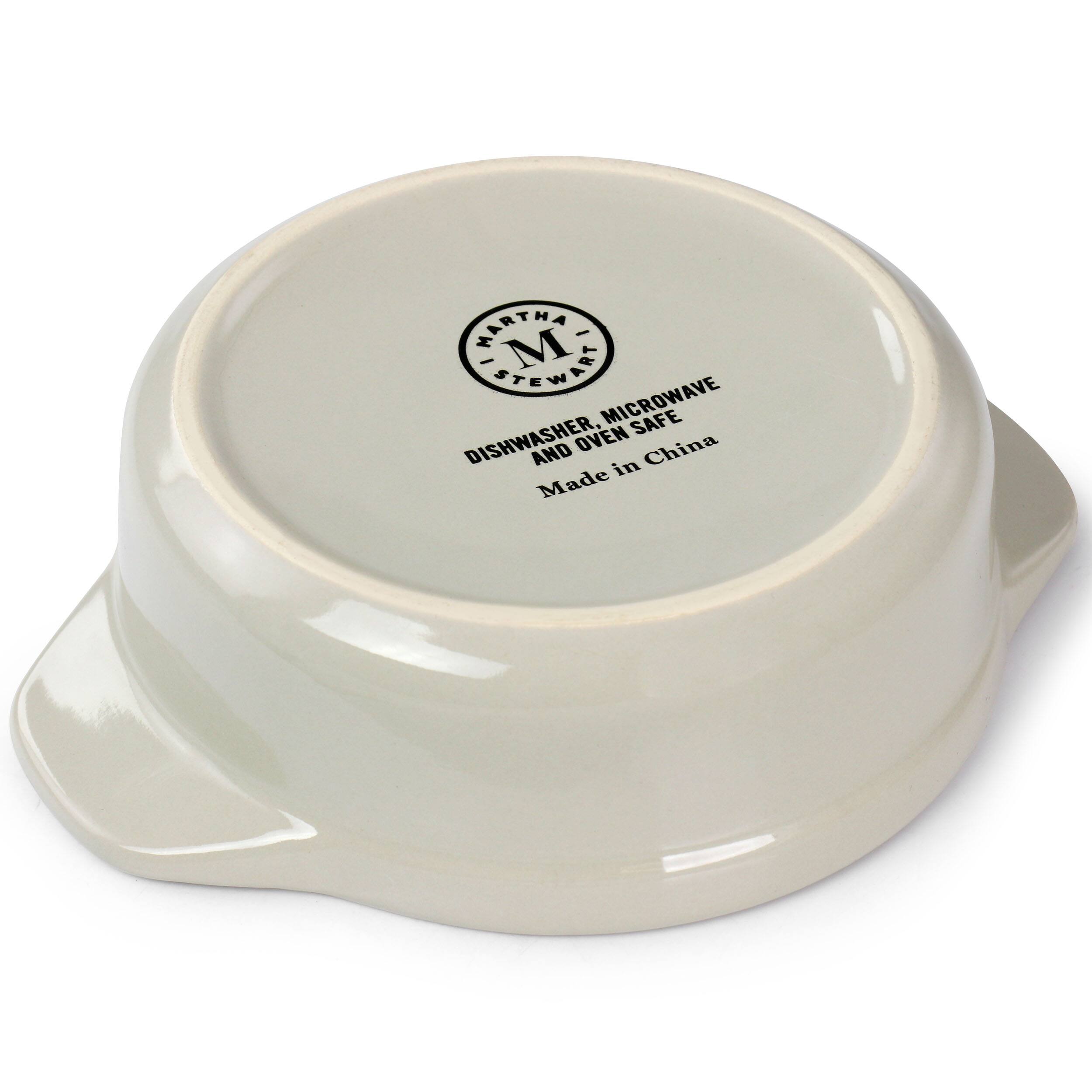 The text on the image reads "Martha Stewart Microwave Safe Dishwasher and Oven China Made in China."