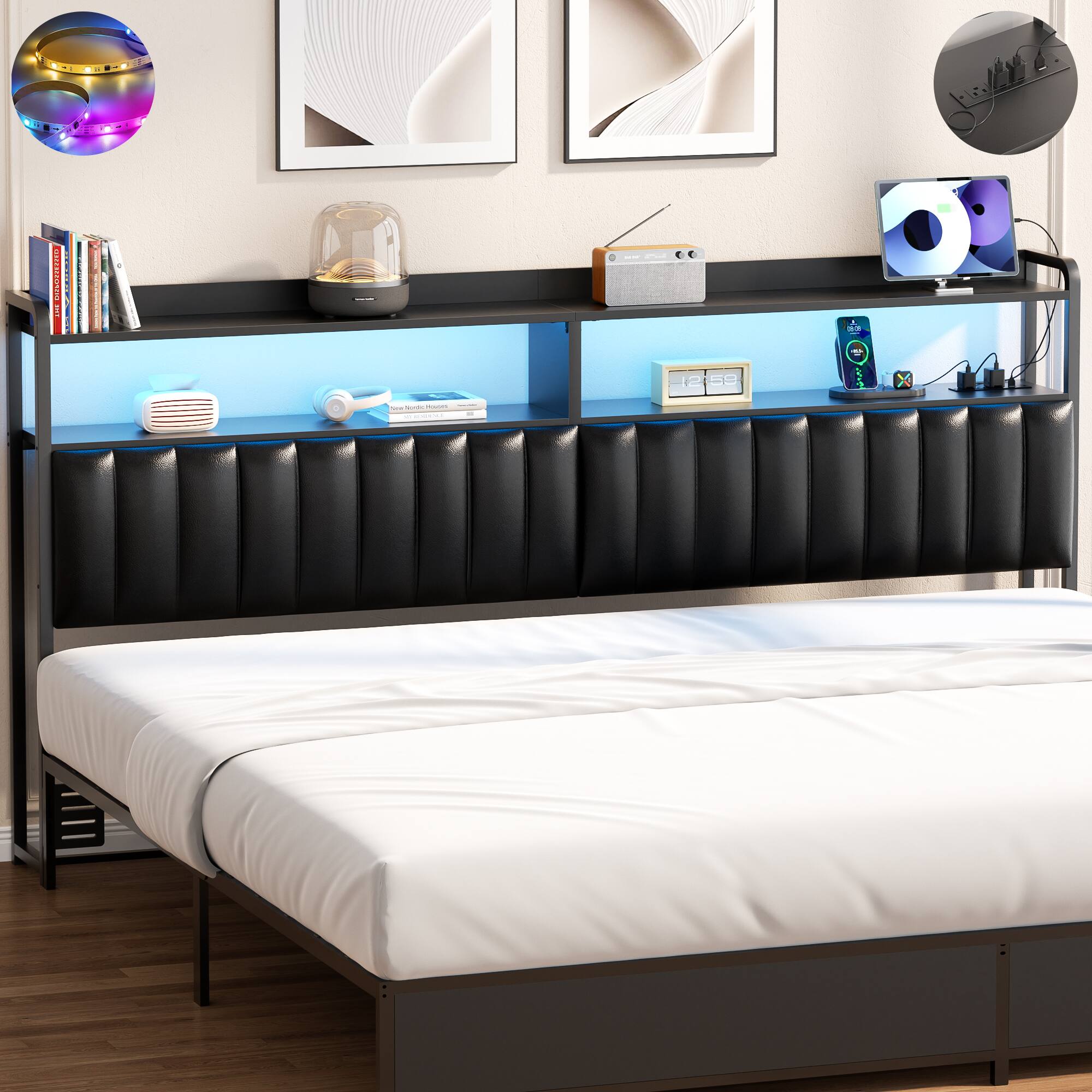 Aheaplus - Upholstered Headboard for King Bed, Headboard with LED Lights and Power Outlet - Black