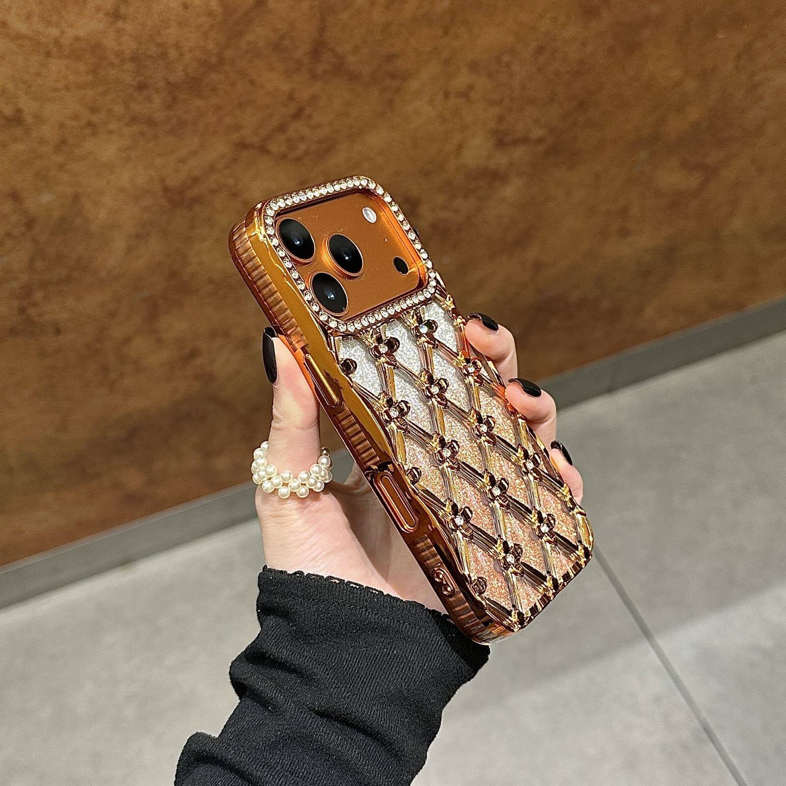 Alt View 6. UUCOVER - Luxury Electroplated Bling Glitter Case for Apple iPhone 18 Pro, Sparkle Rhinestone Diamond Flower Pattern Clear Cover - Orange.