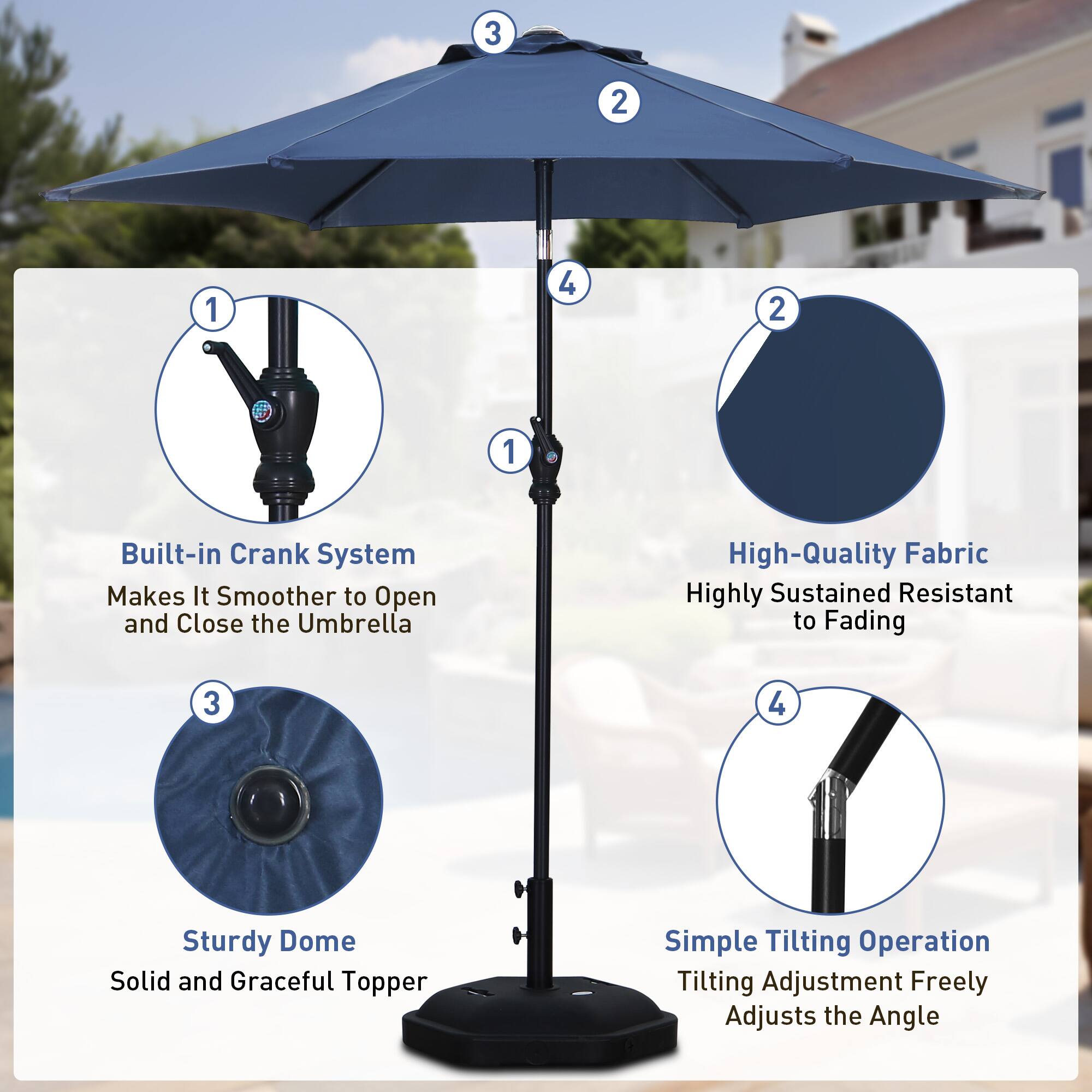 1. Built-in Crank System Makes It Smoother to Open and Close the Umbrella
2. High-Quality Fabric Highly Sustained Resistant to Fading
3. Sturdy Dome Solid and Graceful Topper
4. Simple Tilting Operation Tilting Adjustment Freely Adjusts the Angle