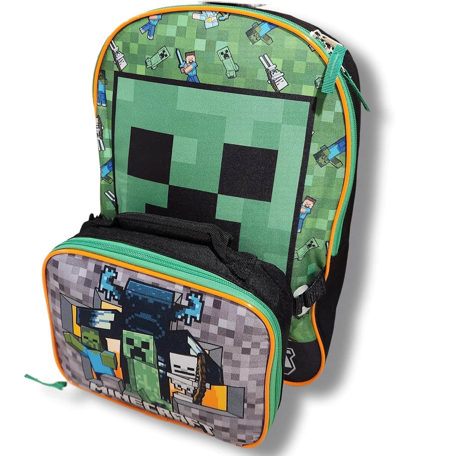 Minecraft - Green Backpack for School with Rectangular Lunch Bag, for Boys - Assorted Pre-Pack