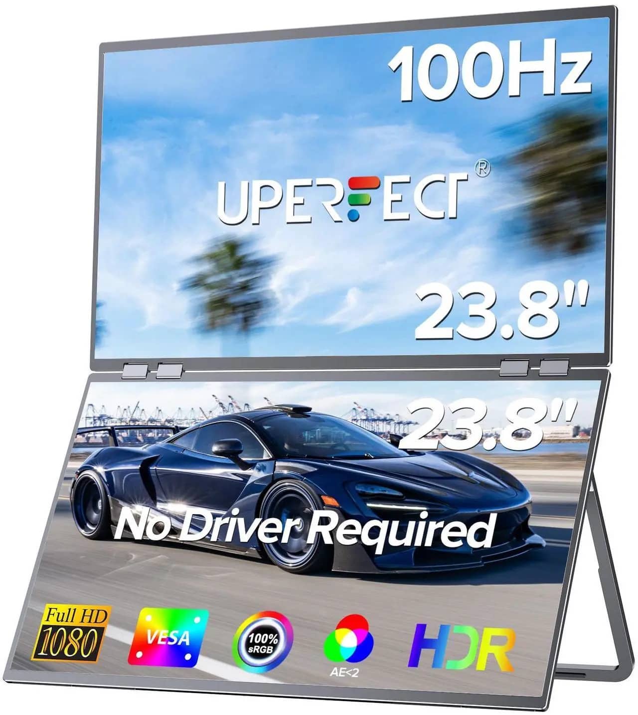 UPERFECT - Delta 23.8" Dual Portable Monitor, 100Hz 1080P HDR, 360° Folding, VESA Mount, No Driver for Laptop/PC/Phone - Black