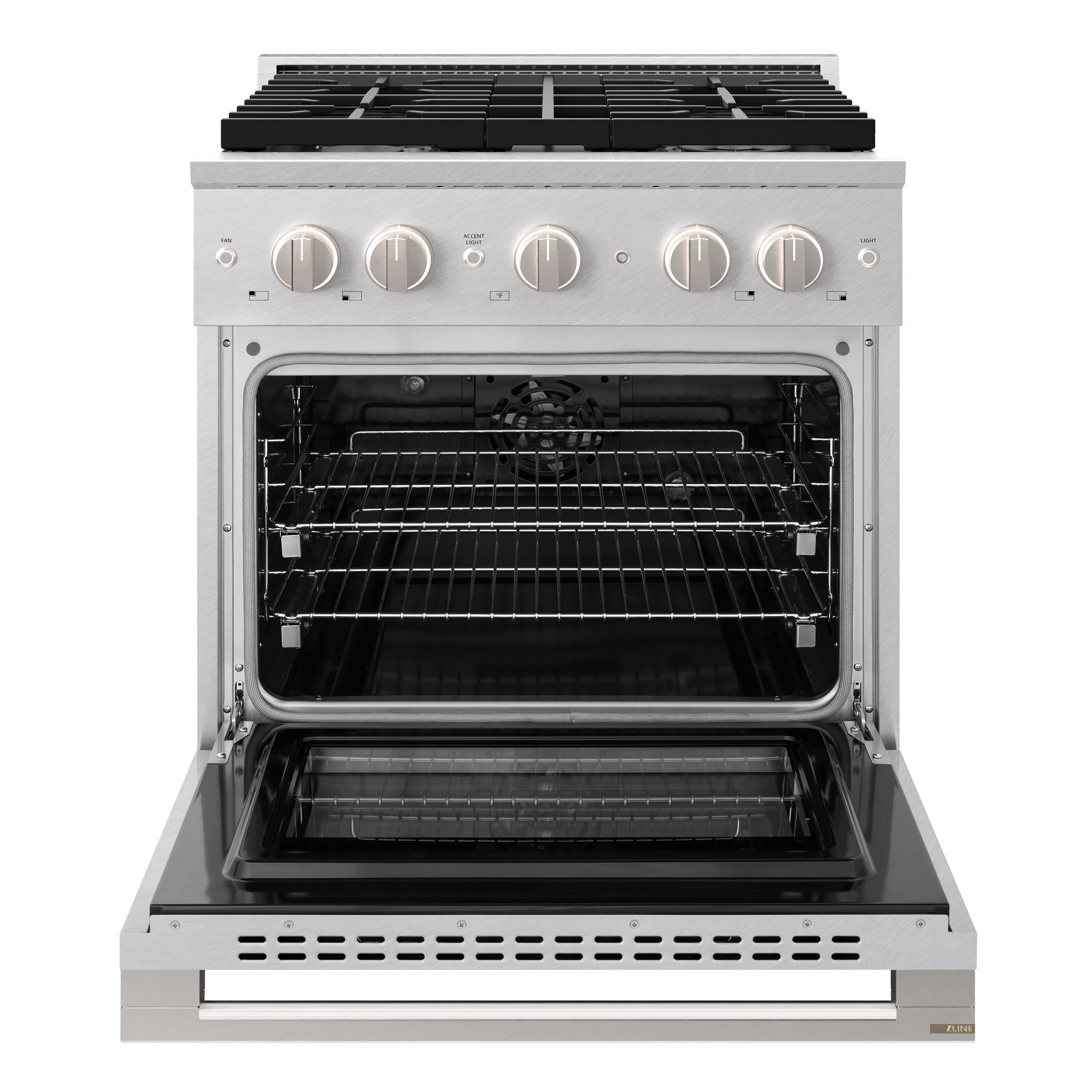 Angle. ZLINE - 30 in. 4.2 cu. ft. Marino Dual Fuel Freestanding Range with 4 Gas Burners and Convection Oven in Satin Stainless Steel - Satin Stainless Steel.