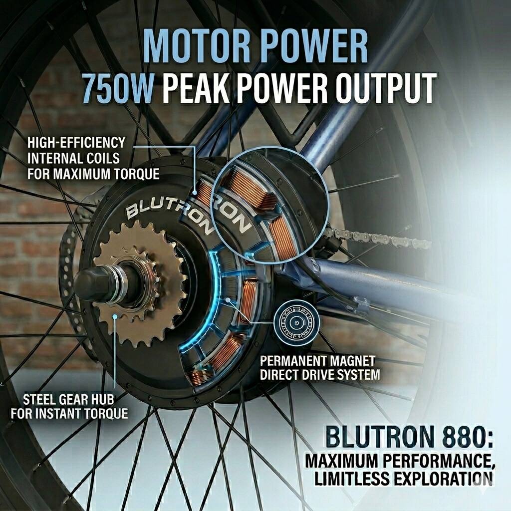MOTOR POWER  
750W PEAK POWER OUTPUT  

HIGH-EFFICIENCY INTERNAL COILS FOR MAXIMUM TORQUE  

STEEL GEAR HUB FOR INSTANT TORQUE  

PERMANENT MAGNET DIRECT DRIVE SYSTEM  

BLUTRON 880:  
MAXIMUM PERFORMANCE, LIMITLESS EXPLORATION