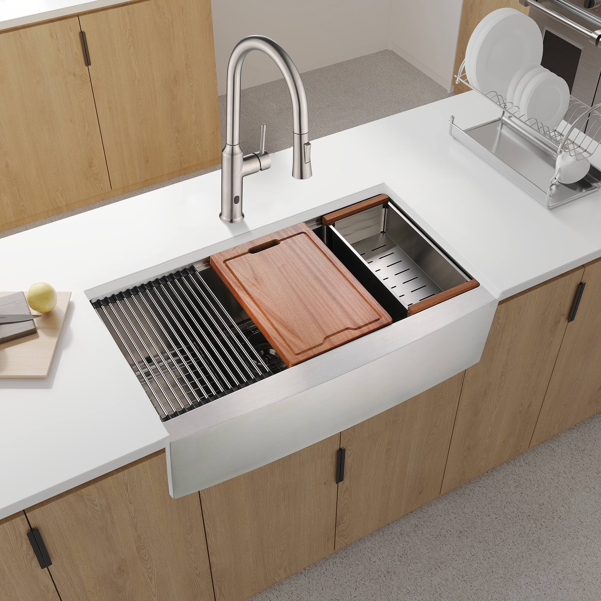 Back. Siljoy - 36x22x10"Farmhouse Apron Single Bowl Stainless Steel Kitchen Sink with Workstation - Brushed Nickel.
