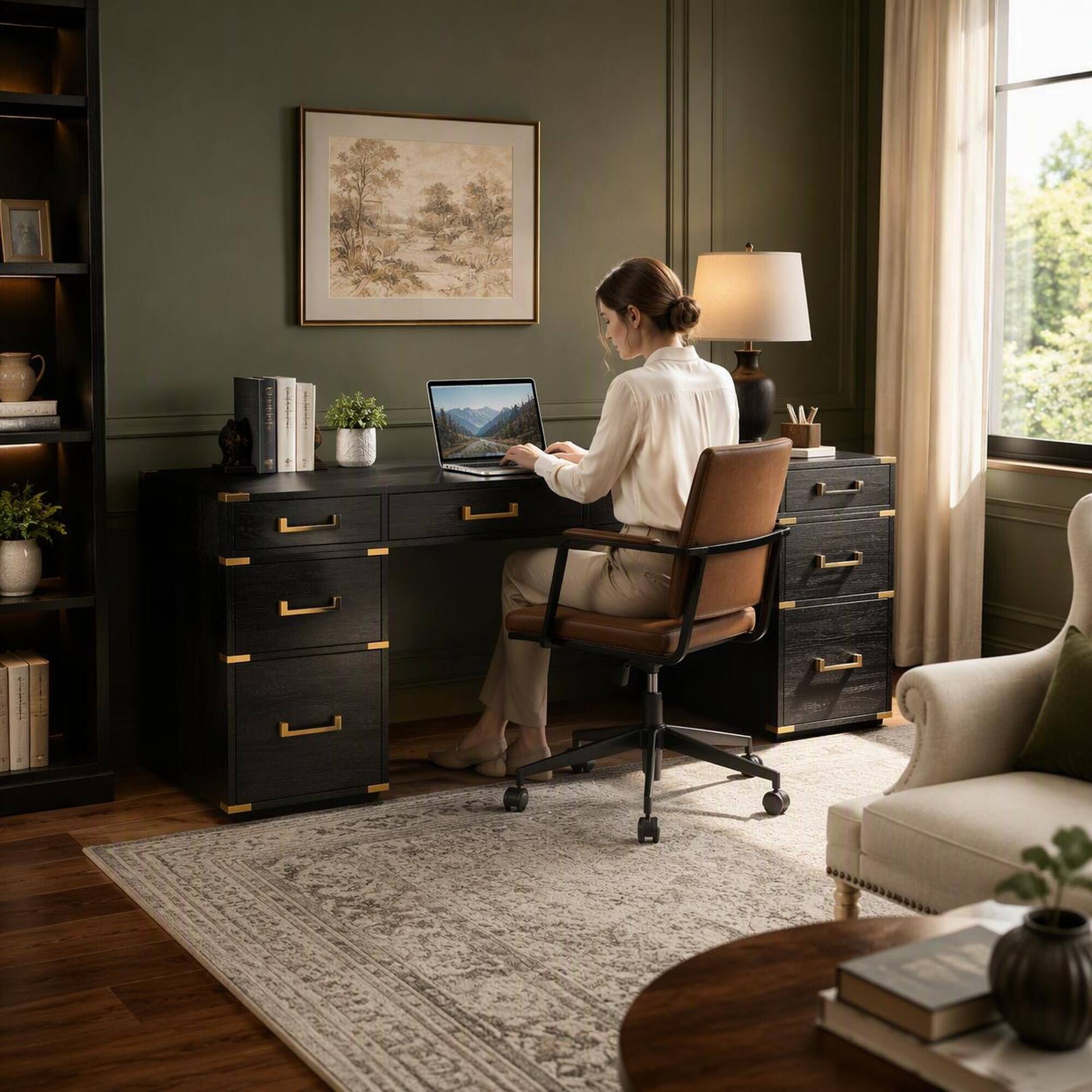 Angle. RYHNUYNE - 70 inch Extra-Large Executive Desk, Classic Black, Gold Finish, 7 Drawers, USB Ports and Outlets, Home Office - Black+Gold.