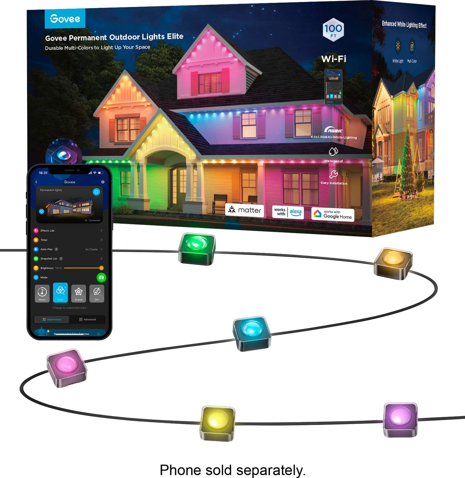 Govee Permanent Outdoor Lights Elite Durable Multi-Colors to Light Up Your Space 100 F1 Wi-Fi Enhanced White Lighting Efect mu NC - GaIC M .8 - rWtng gntng gd 18:31 Soure EMy aste 8s nrtere w - matter works alexa with wols wih Google Home thuts -- - i APS t - - - a - - - aT maras - S - segnamas Aad Phone sold separately.