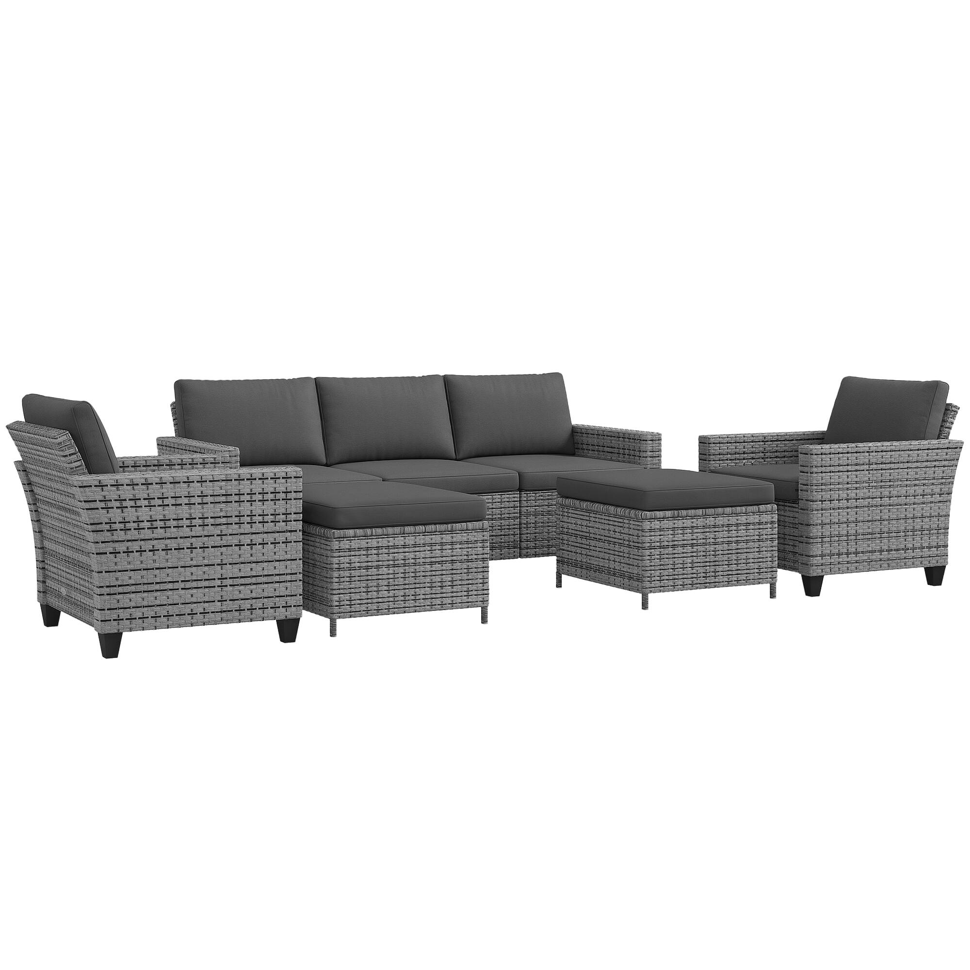 Front. Outsunny - 5 Piece Patio Furniture Set with Cushions, Outdoor Conversation Set with Rattan 3-Seater Sofa, Chairs & Footstools - Mixed-Gray.