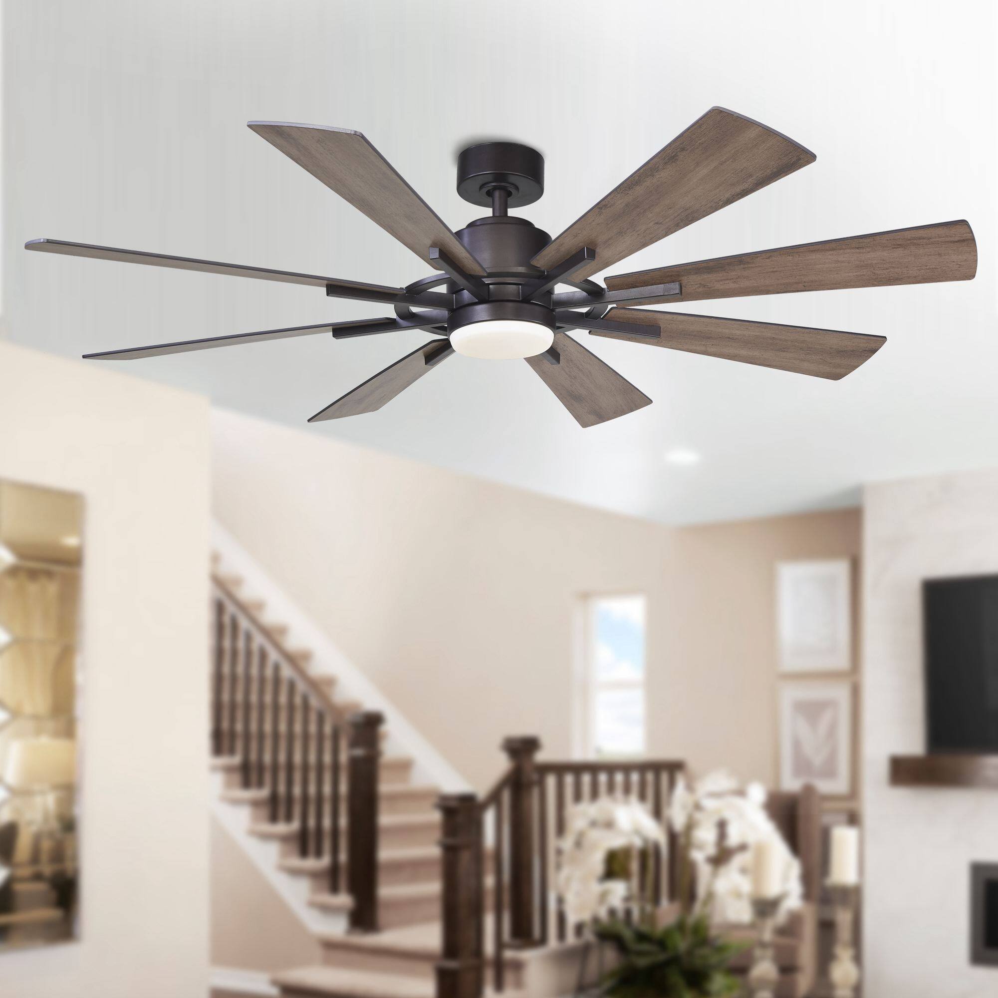Back. Parrot Uncle - 60" Farmhouse Integrated LED Windmill Ceiling Fan with Light and Remote - Oil-rubbed Bronze.