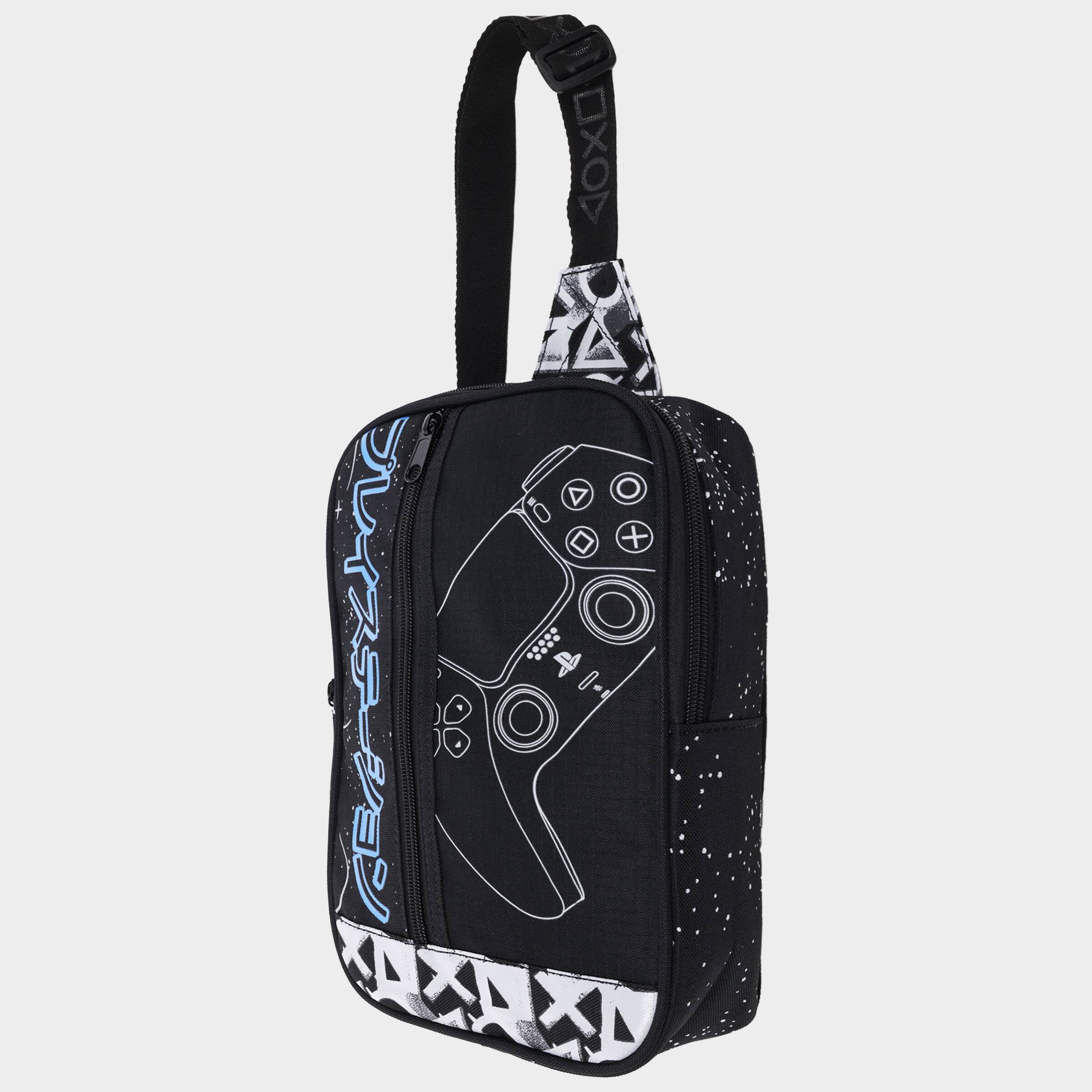 Left. Sony - PlayStation Offset Zipper Sling Bag - Black.