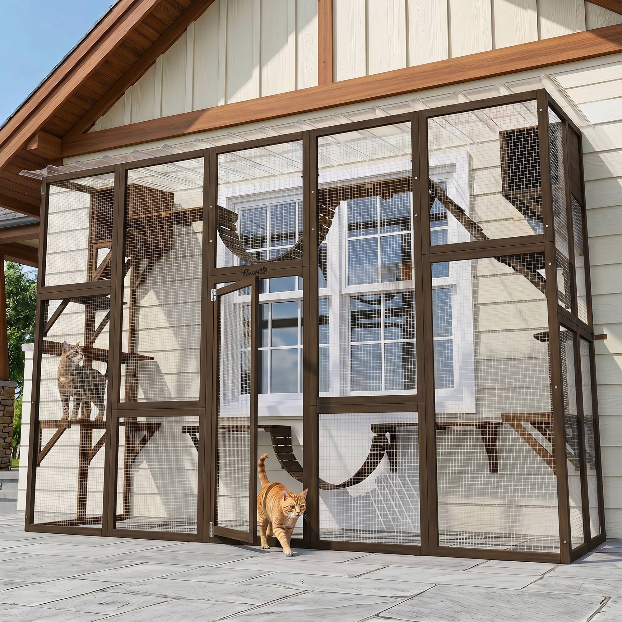 Alt View 7. Pawhut - Playground Cat Window Box Outside Enclosure for Multiple Cats w/ Shelves & Bridges - Coffee Brown.