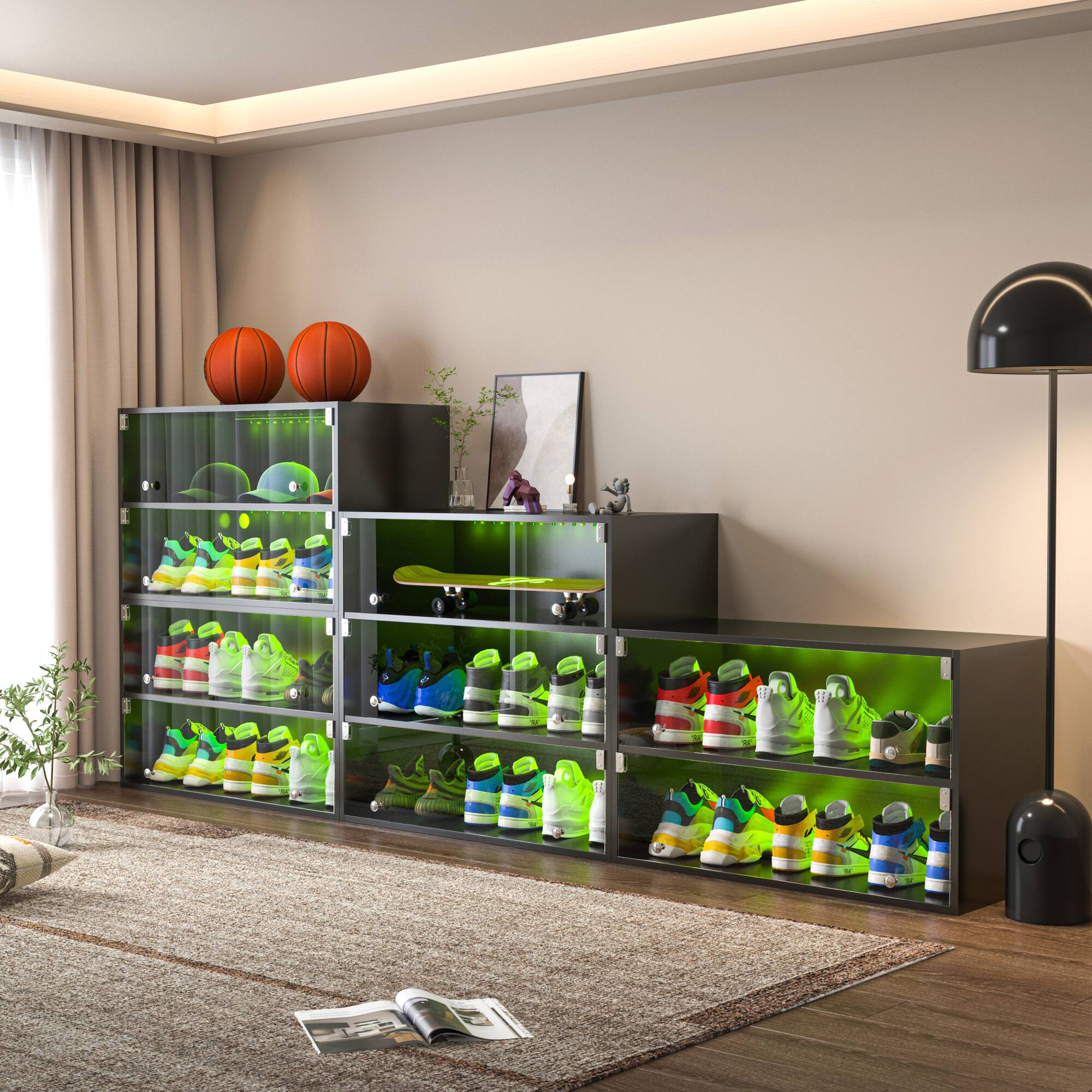 Alt View 2. GOODSILO - Premium LED Light Shoe Display Cabinet with Glass Doors - Three-Tier Storage Solution for Sneaker Enthusiasts - Black.