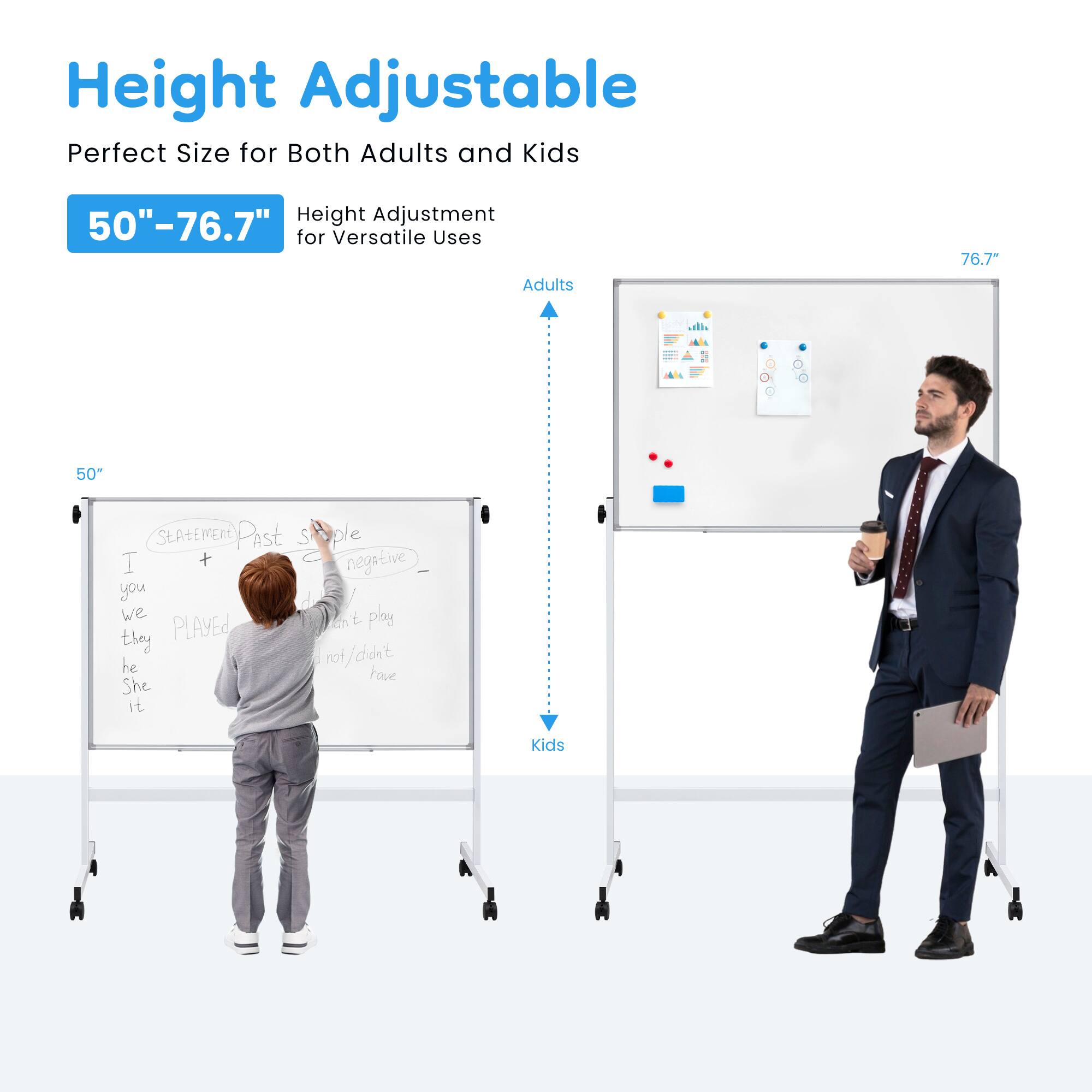 Height Adjustable  
Perfect Size for Both Adults and Kids  
50"–76.7" Height Adjustment for Versatile Uses  

Adults  
Kids