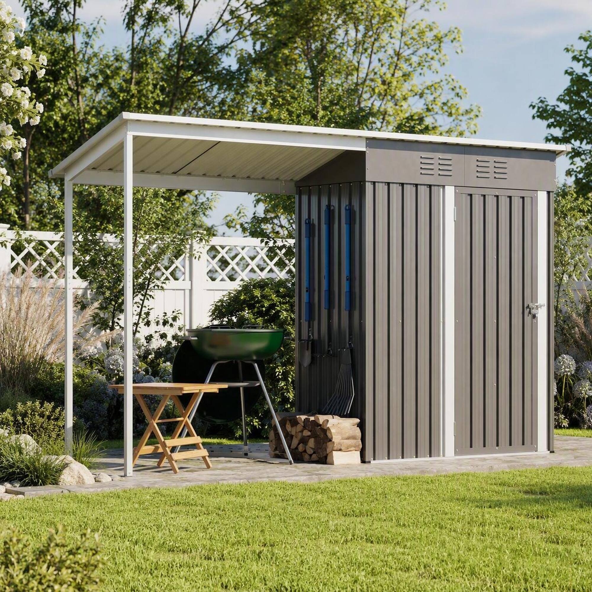 Angle. RYHNUYNE - 2-in-1 Steel Shed Pergola 5x3 ft Lockable Storage Covered Patio Powder-Coated Frame - Grey.