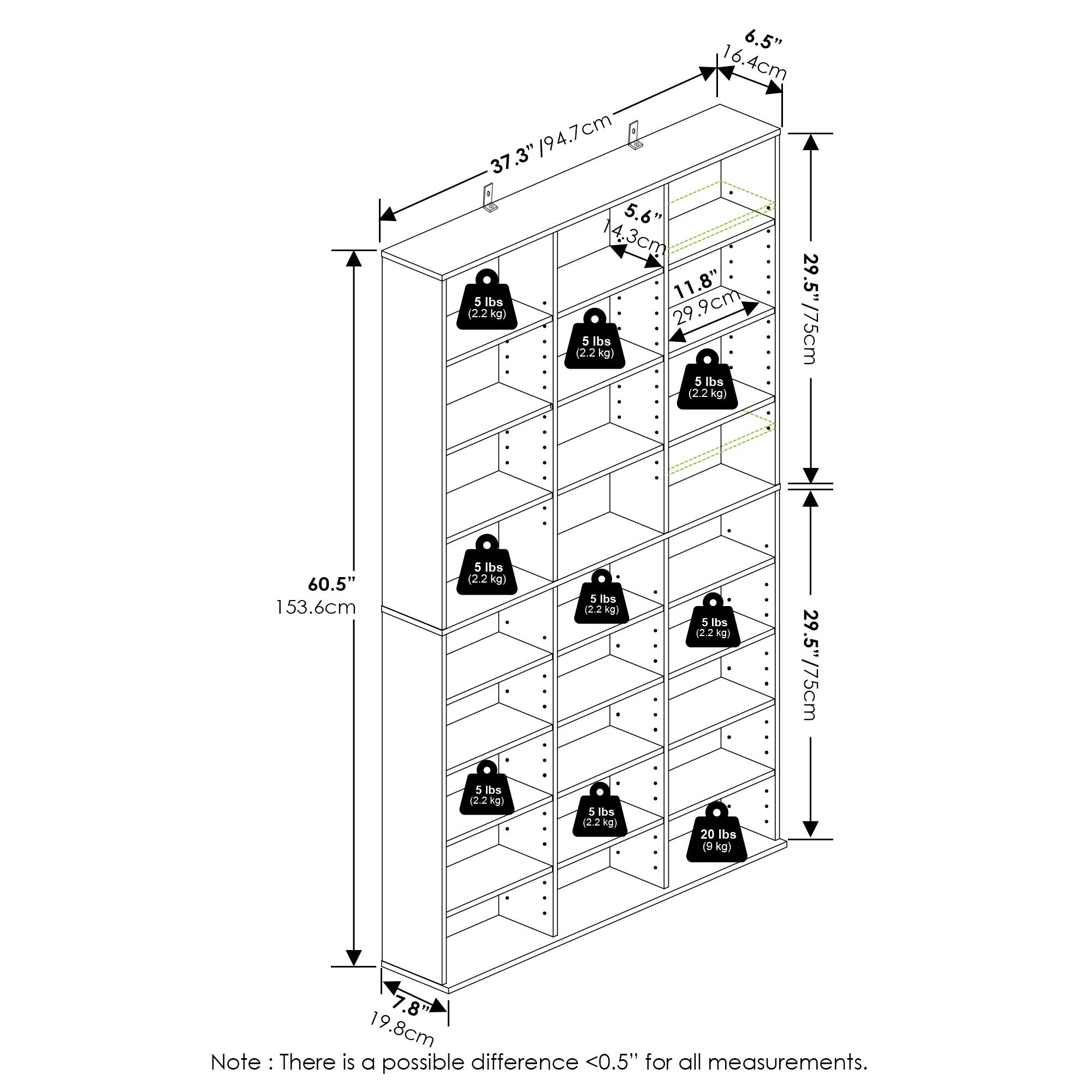 - 6.5" (16.4 cm)
- 37.3" (94.7 cm)
- 5.6" (14.3 cm)
- 11.8" (29.9 cm)
- 29.5" (75 cm)
- 60.5" (153.6 cm)
- 7.8" (19.8 cm)
- 5 lbs (2.2 kg)
- 20 lbs (9 kg)

Note: There is a possible difference <0.5" for all measurements.
