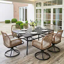 Nuu Garden - Outdoor 7PCS Dining Set, Swivel Chairs with Beige Cushions - Twisted Rattan