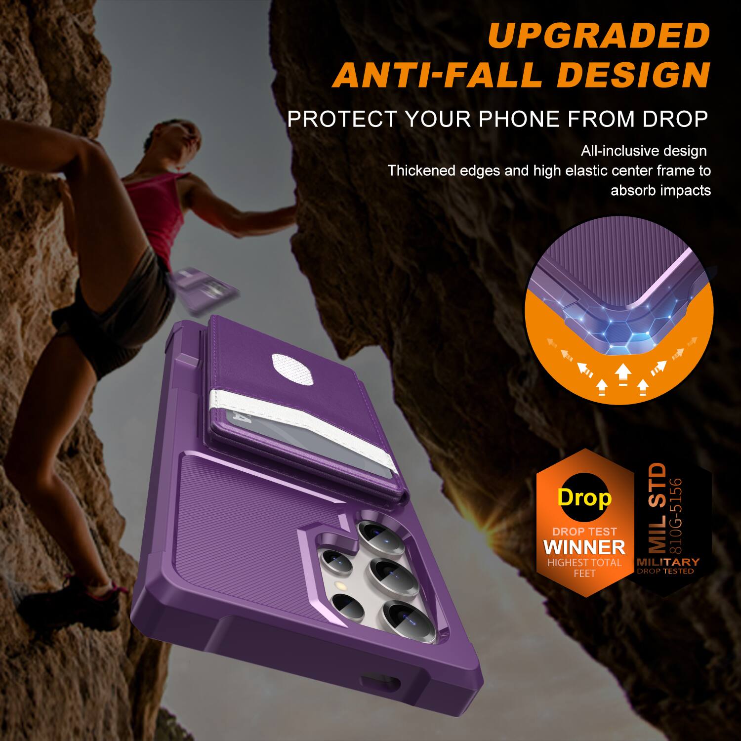 UPGRADED ANTI-FALL DESIGN  
PROTECT YOUR PHONE FROM DROP  

All-inclusive design  
Thickened edges and high elastic center frame to absorb impacts  

Drop TEST WINNER  
MIL 810G-5166  
HIGHEST TOTAL MILITARY FEET DROP TESTED