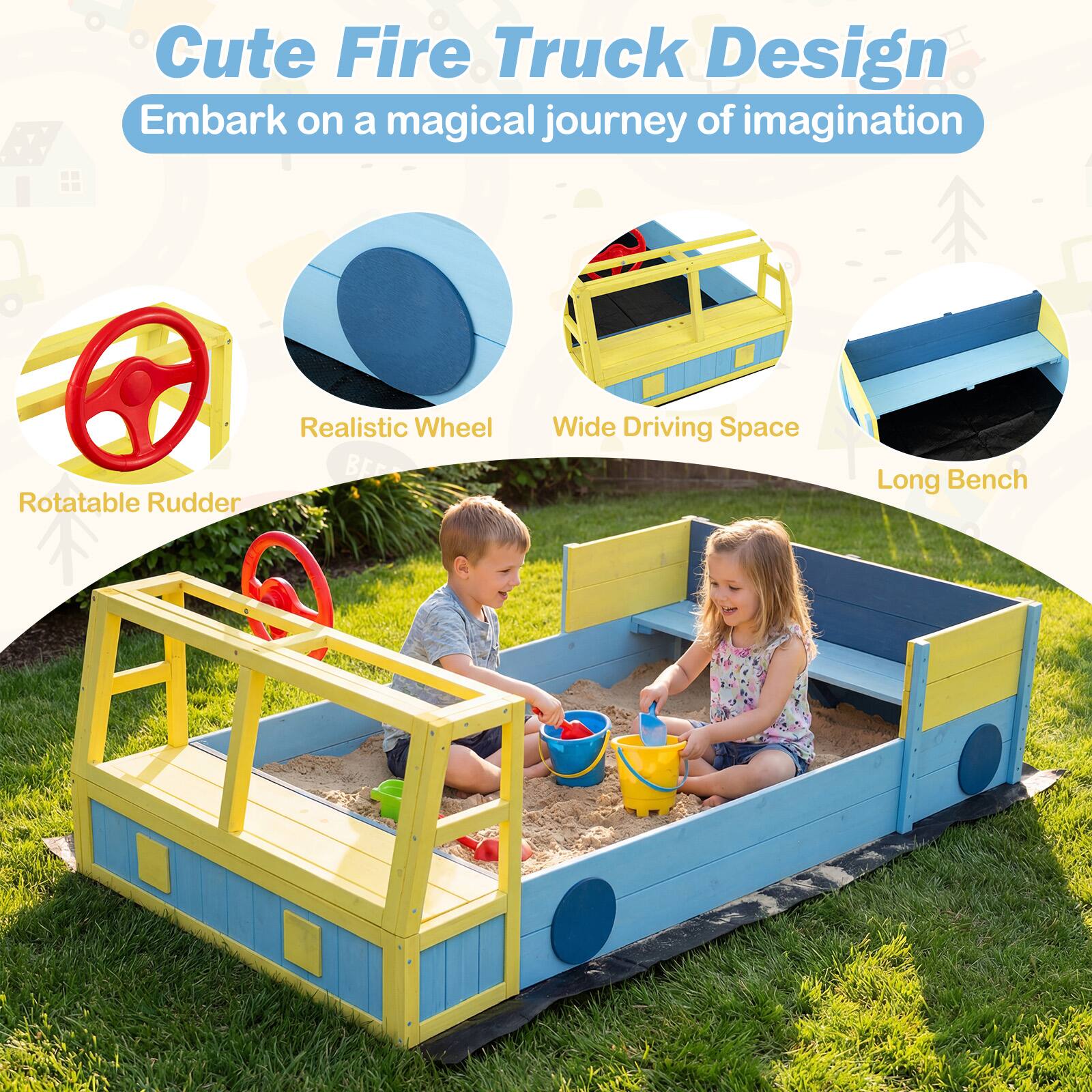 Cute Fire Truck Design  
Embark on a magical journey of imagination  

- Rotatable Rudder  
- Realistic Wheel  
- Wide Driving Space  
- Long Bench