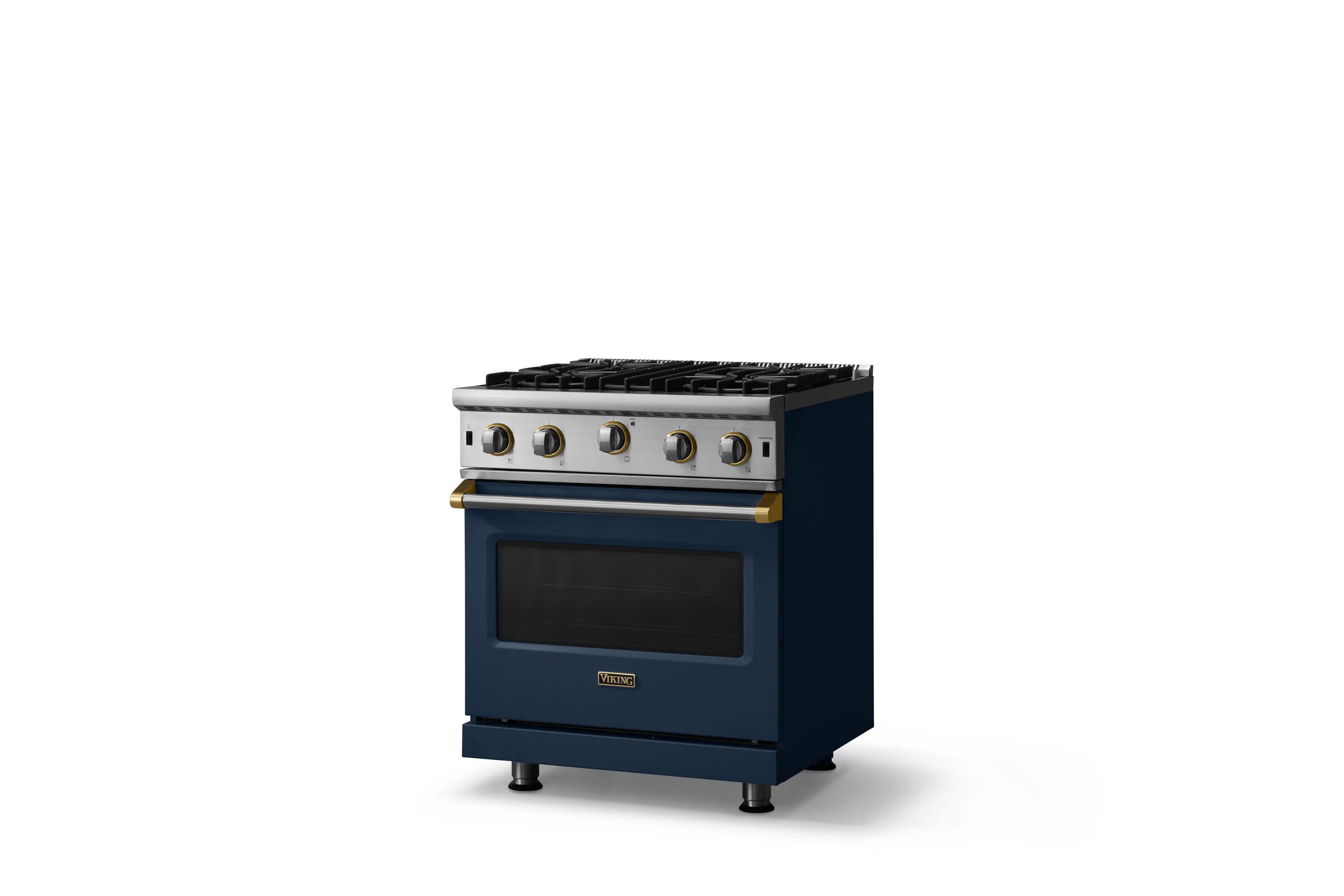 Angle. Viking - 30"W. 4.0 Cu. Ft. Freestanding Self-Clean Open Burner Gas Convection Range - Slate Blue w. Brushed Brass Trim - Slate Blue.