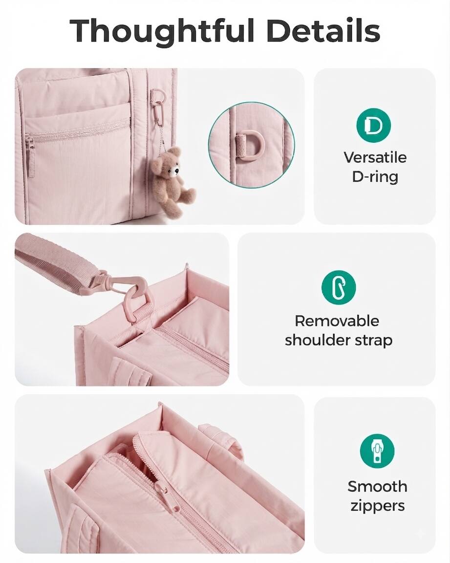 Thoughtful Details

- Versatile D-ring
- Removable shoulder strap
- Smooth zippers