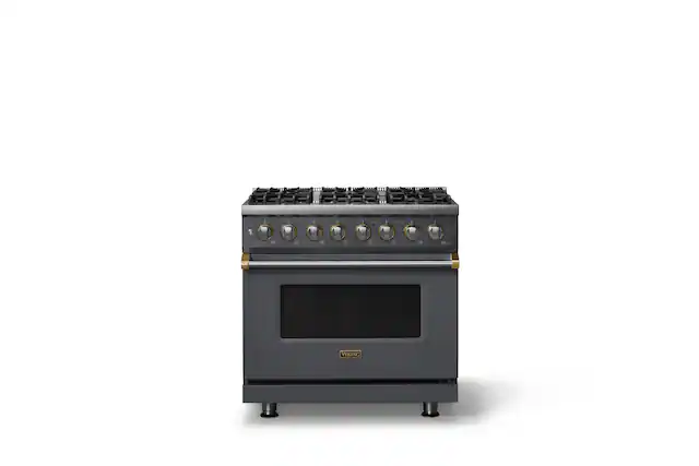 Front. Viking - 36 in. Wide 6 Burner Pro 5 Series 5.6 Cu. Ft. Freestanding Sealed DF Convection Range - Cast Black w. Brushed Brass Trim - Cast Black.