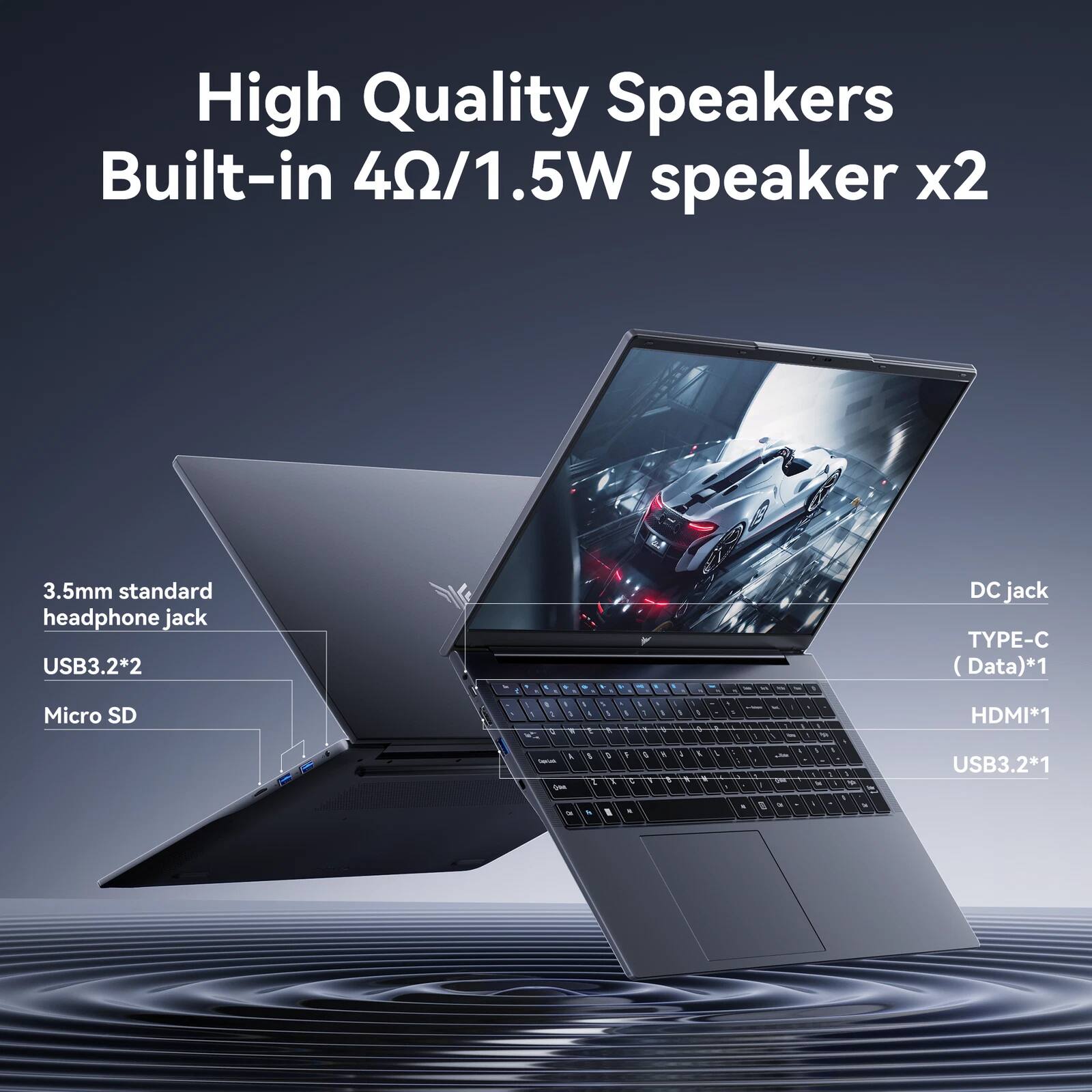 High Quality Speakers  
Built-in 4Ω/1.5W speaker x2  

3.5mm standard headphone jack  
USB3.2*2  
Micro SD  

DC jack  
TYPE-C (Data)*1  
HDMI*1  
USB3.2*1