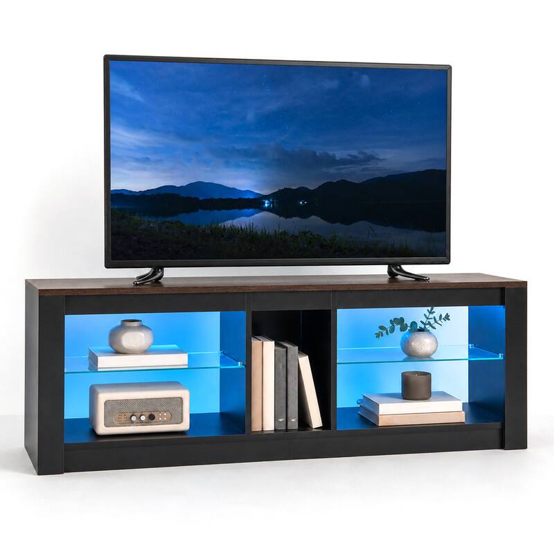 Left. WELLFOR - Modern TV Stand for TVs up to 65 " with LED Light, Entertainment Center Console Table with Adjustable Shelves - Brown.