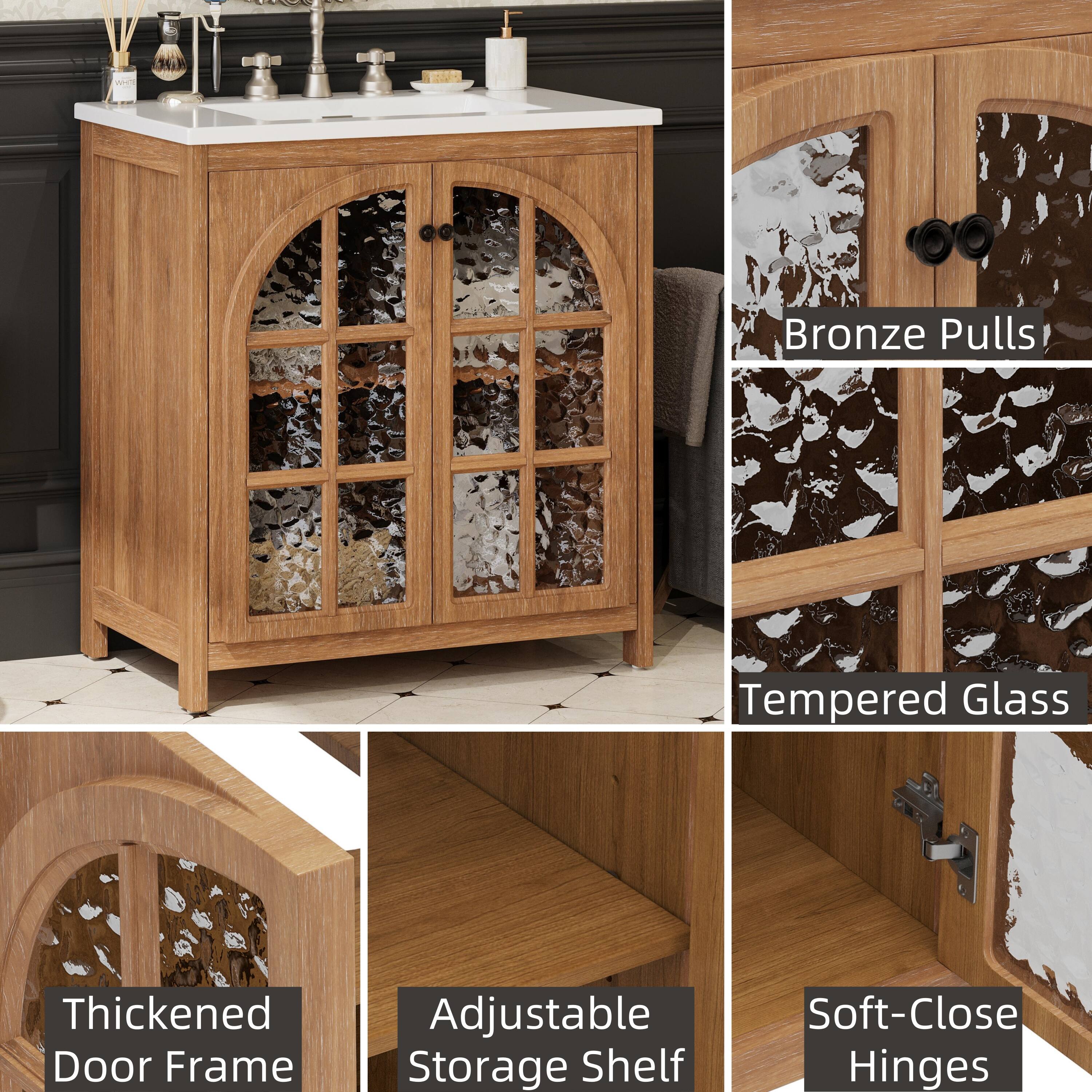 - Bronze Pulls
- Tempered Glass
- Thickened Door Frame
- Adjustable Storage Shelf
- Soft-Close Hinges