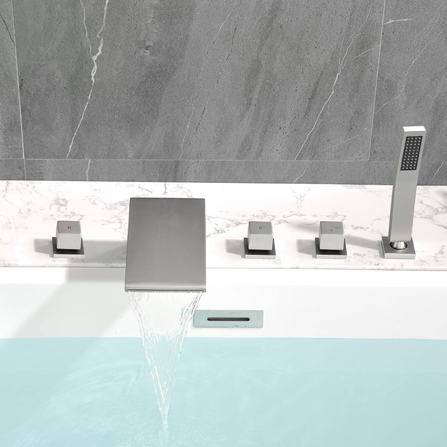 Alt View 8. Boyel Living - 4.72 in.W Brushed Nickel Bathtub Hot and Cold Water Faucet with Handheld Shower and Waterfall Outlet 5-Hole - Brushed Nickel.