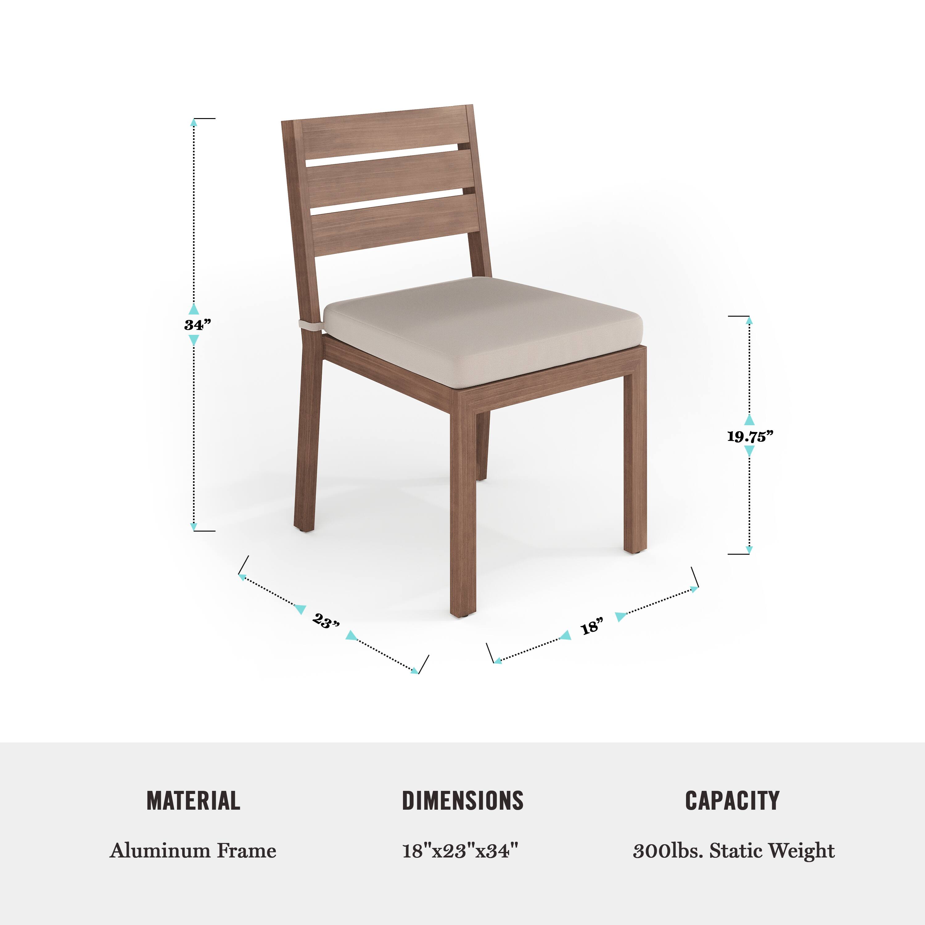 The text on the image is already grouped and correctly formatted. It reads:

MATERIAL: Aluminum Frame
DIMENSIONS: 18"x23"x34"
CAPACITY: 800lbs. Static Weight