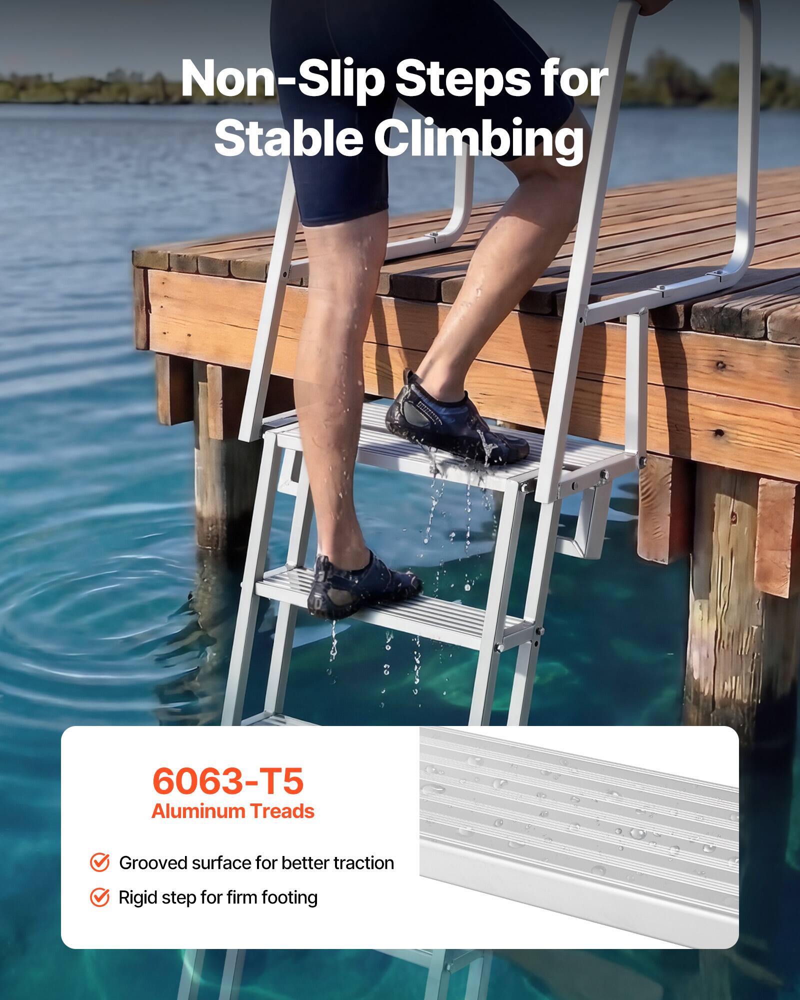 Non-Slip Steps for Stable Climbing

6063-T5 Aluminum Treads
- Grooved surface for better traction
- Rigid step for firm footing