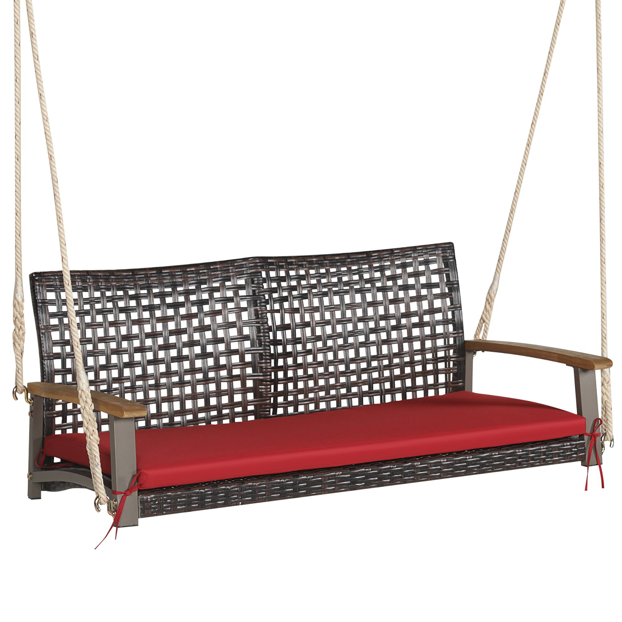 Alt View 1. Gymax - Gymax 2-Seat Rattan Porch Swing Chair Outdoor Wicker Swing Bench W/ Seat Cushion Red - Red.