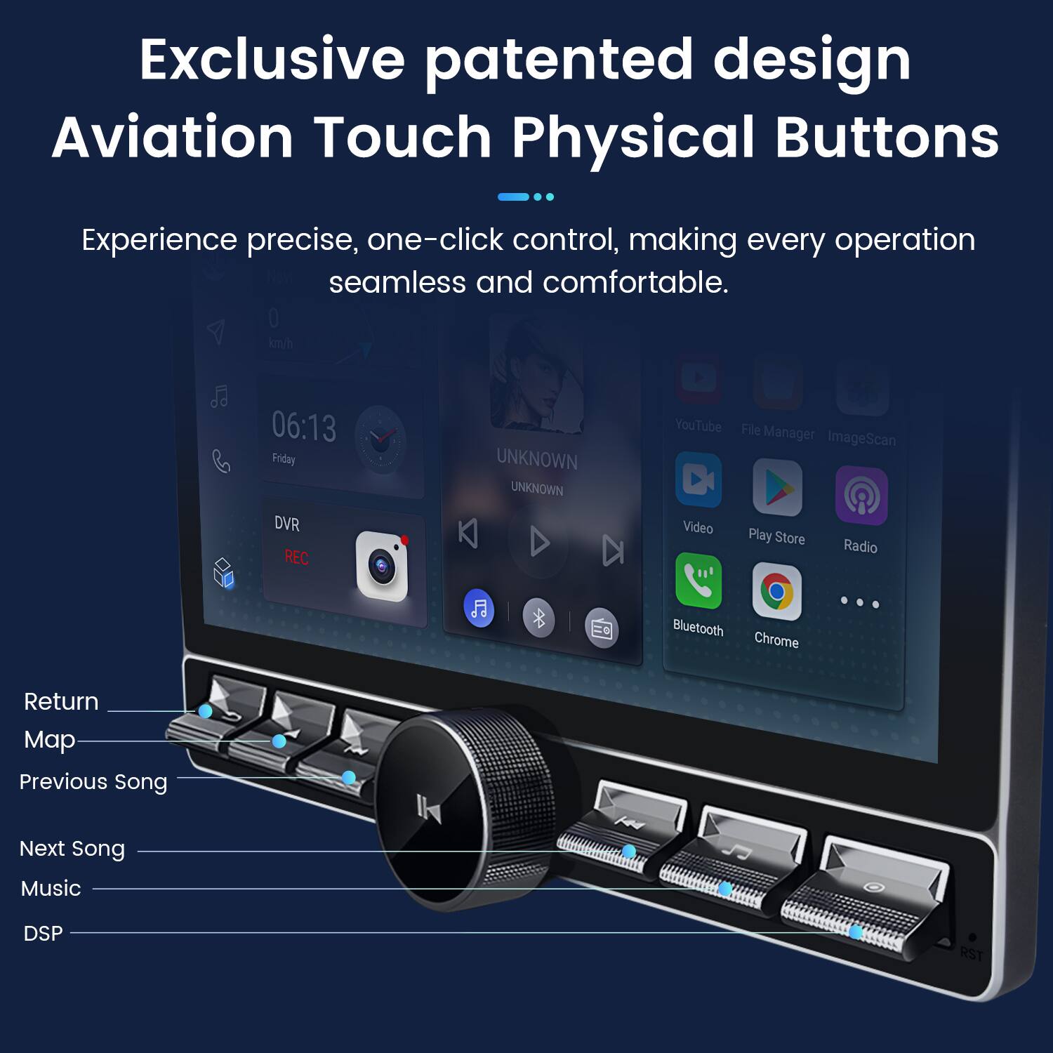 Exclusive patented design Aviation Touch Physical Buttons

Experience precise, one-click control, making every operation seamless and comfortable.

- Return
- Map
- Previous Song
- Next Song
- Music
- DSP
- RST